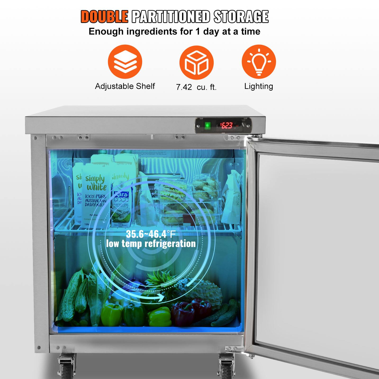 DOUBLE PARTITIONED STORAGE  
Enough ingredients for 1 day at a time  

Adjustable Shelf  
7.42 cu. ft.  
Lighting  

35.6-46.4°F  
low temp refrigeration