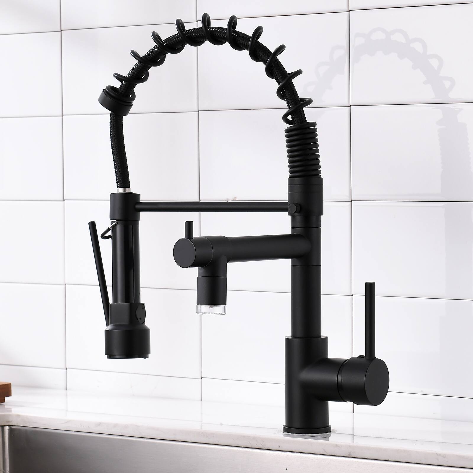 Angle. APRILSOUL - LED Commercial Kitchen Faucet with Pull Down Sprayer Single Handle Single Lever Kitchen Sink Faucet - Black.