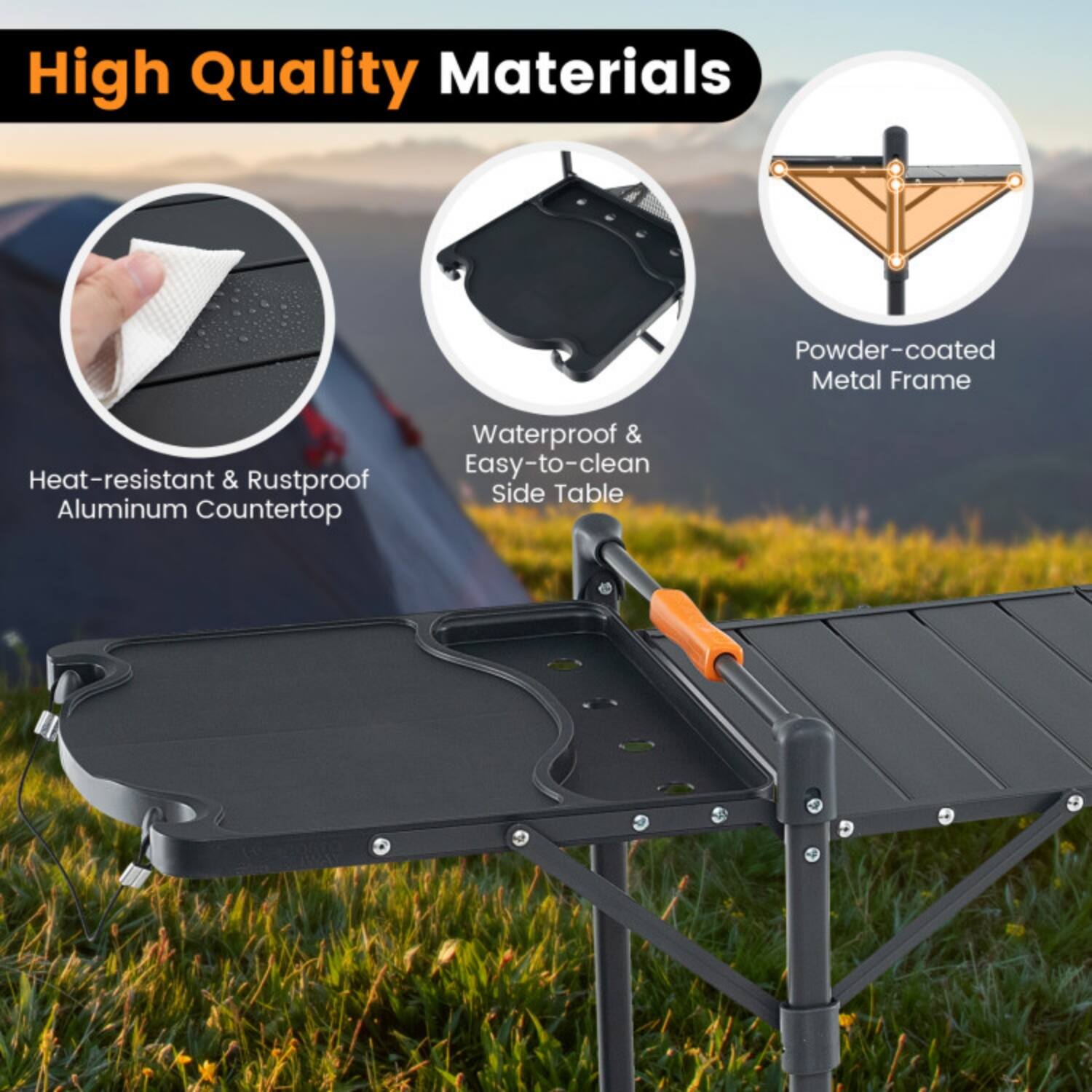 High Quality Materials

- Powder-coated Metal Frame
- Heat-resistant & Rustproof Aluminum Countertop
- Waterproof & Easy-to-clean Side Table