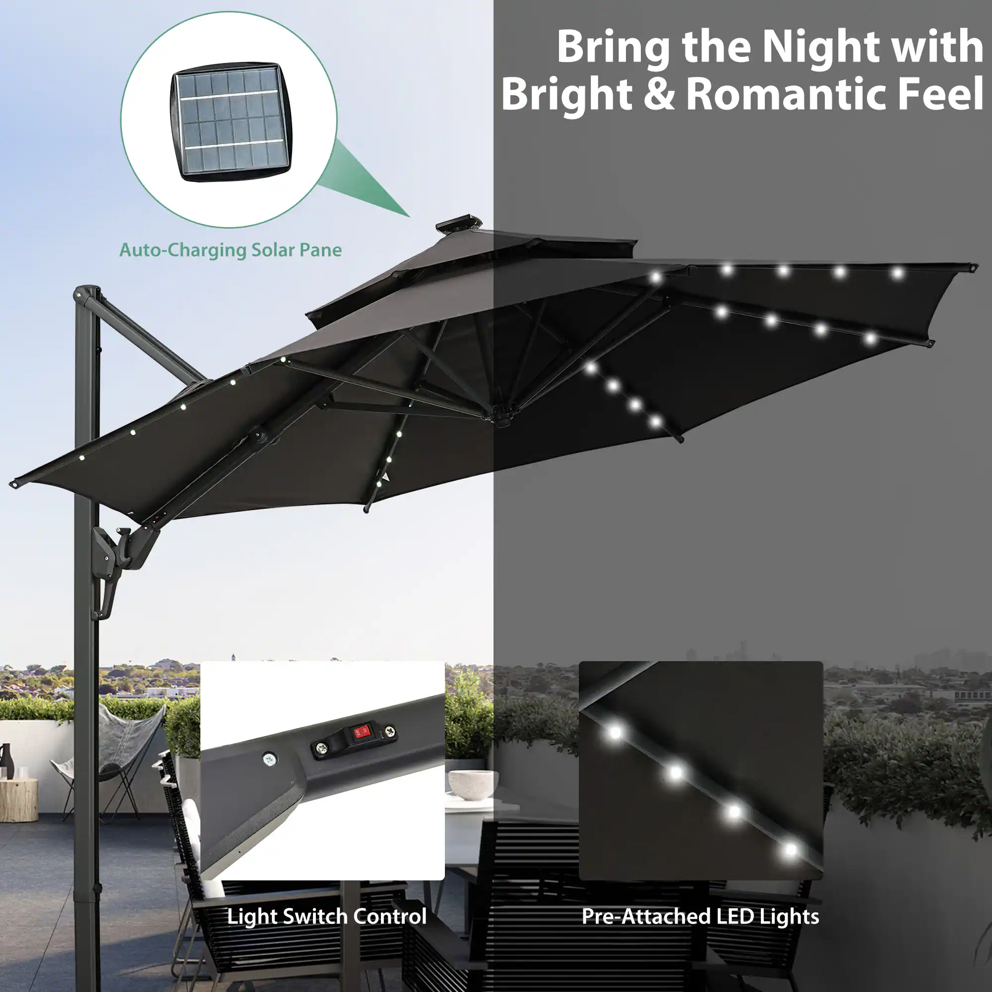 Bring the Night with Bright & Romantic Feel  
Auto-Charging Solar Pane  
11 Light Switch Control  
Pre-Attached LED Lights