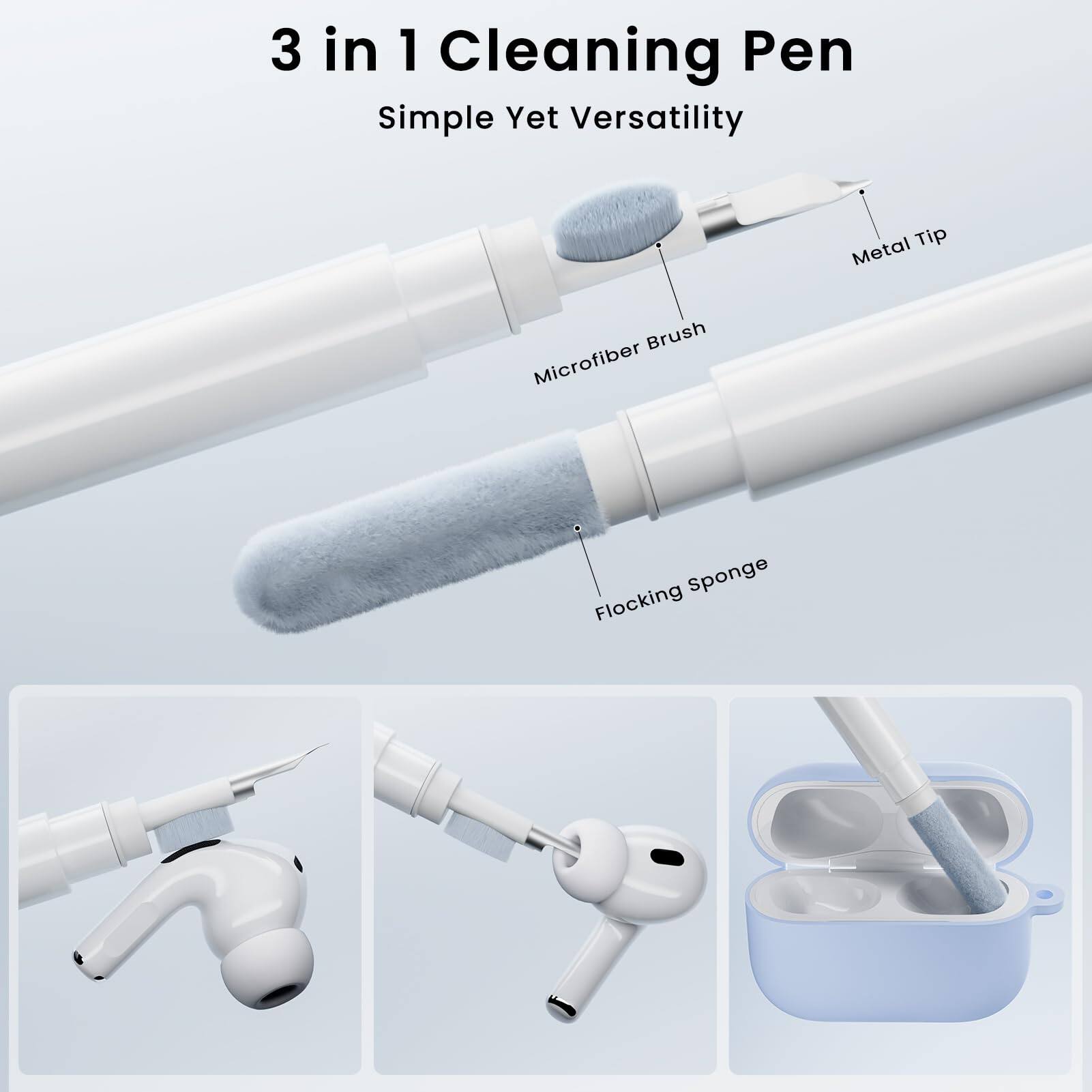 3 in 1 Cleaning Pen, Simple Yet Versatility, Metal Tip, Brush, Microfiber Sponge, Flocking