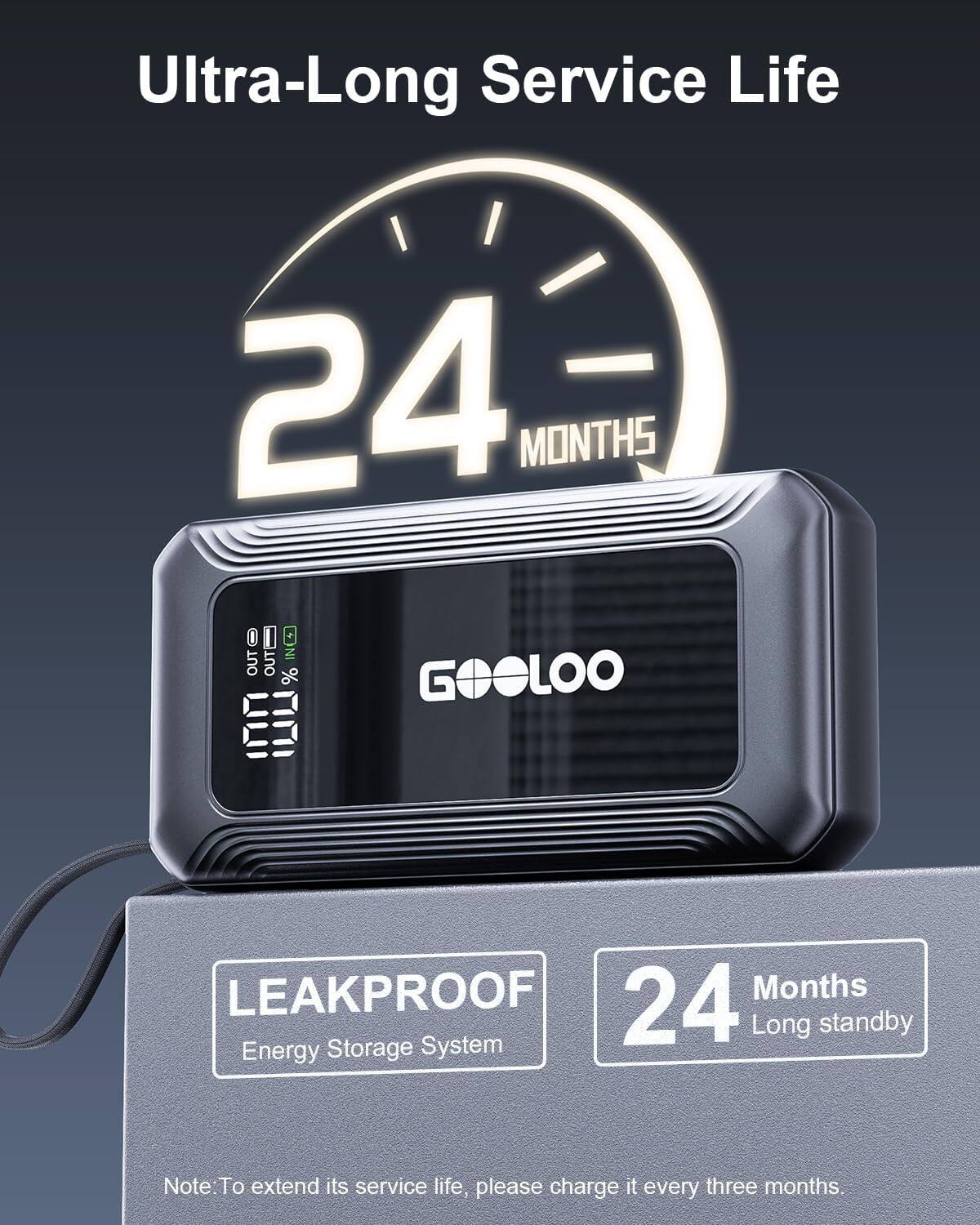 Ultra-Long Service Life  
24 MONTHS  
GOLOO  
LEAKPROOF  
Energy Storage System  
Note: To extend its service life, please charge it every three months.