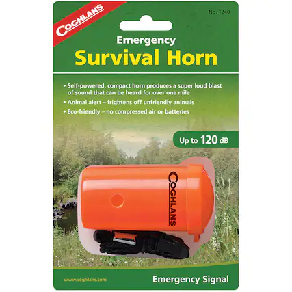 No. 1240
COGHLANS
Emergency Survival Horn
- Self-powered, compact horn produces a super loud blast of sound that can be heard for over one mile
- Animal alert - frightens off unfriendly animals
- Eco-friendly - no compressed air or batteries
Up to 120 dB
Emergency Signal
www.coghlans.com