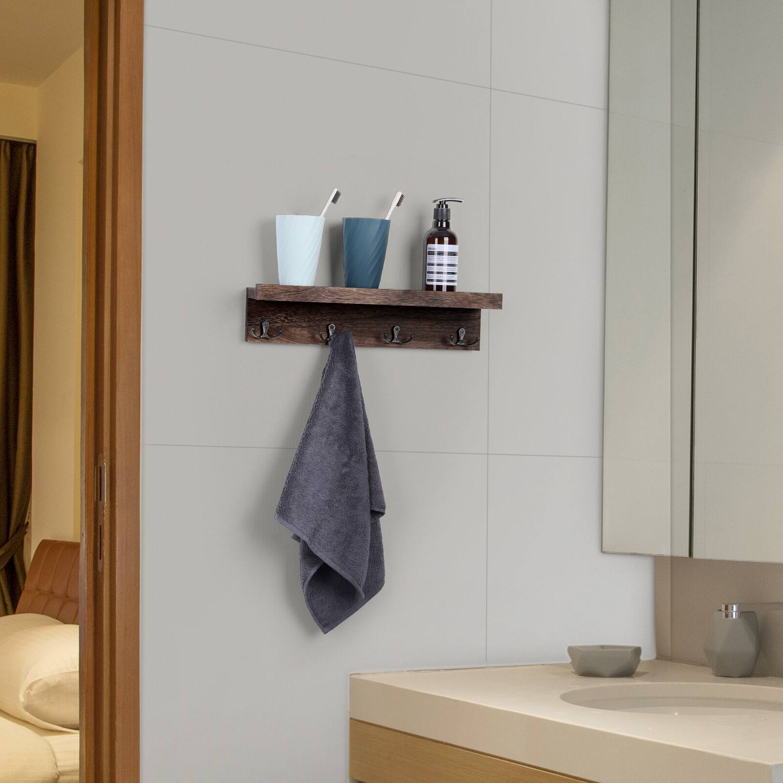 Alt View 1. Oumilen - 2 Pack Dark Coffee Wood Floating Coat Hook Shelf, Wall Mount Entryway Organizer with 4 Black Double Prong Hooks - Brown.