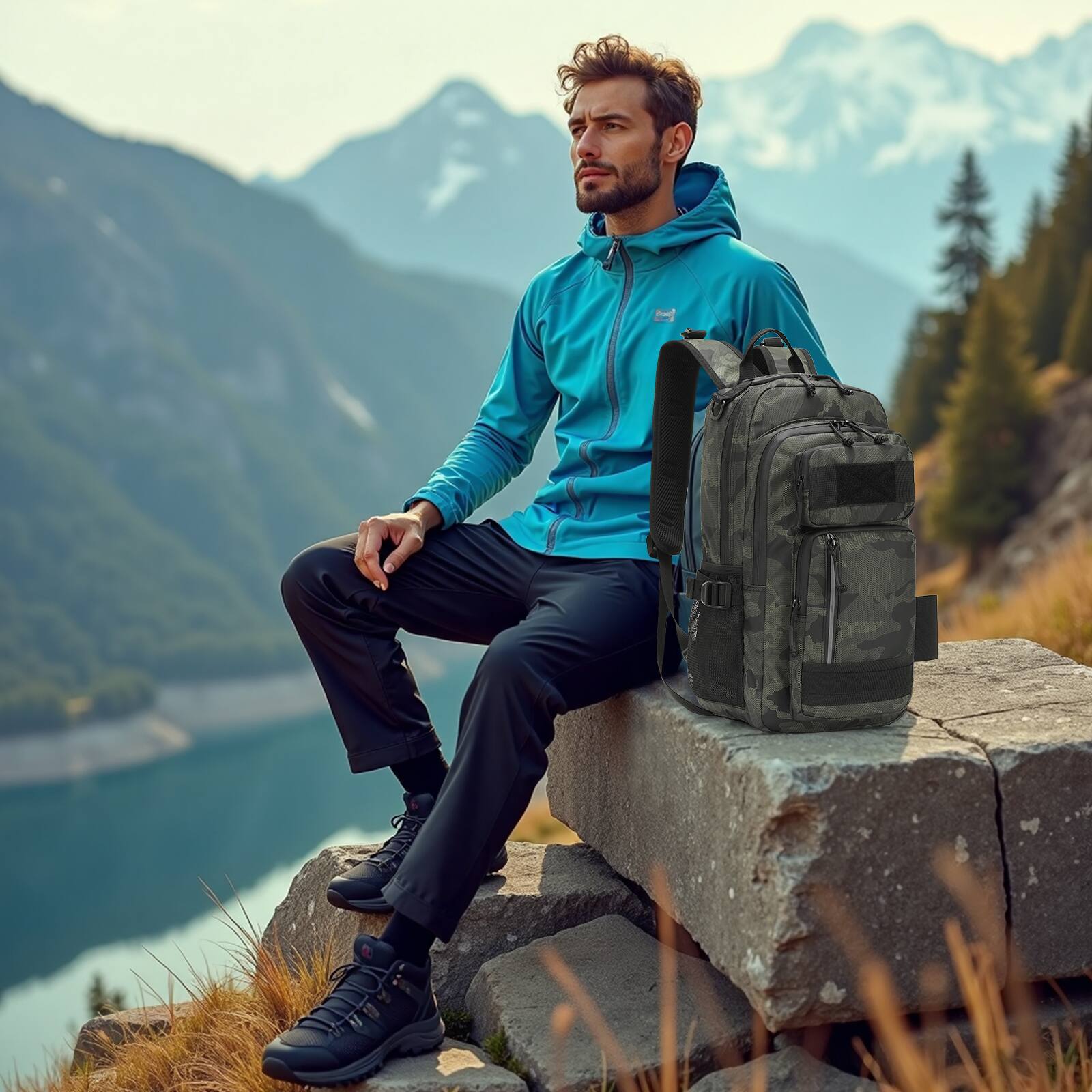 Alt View 5. Unique Bargains - 35L Fishing Backpack with Rod Holder Waterproof Tackle Backpack Sling Crossbody Fishing Bag for Fishing Camping Hiking - Army Green Camouflage.