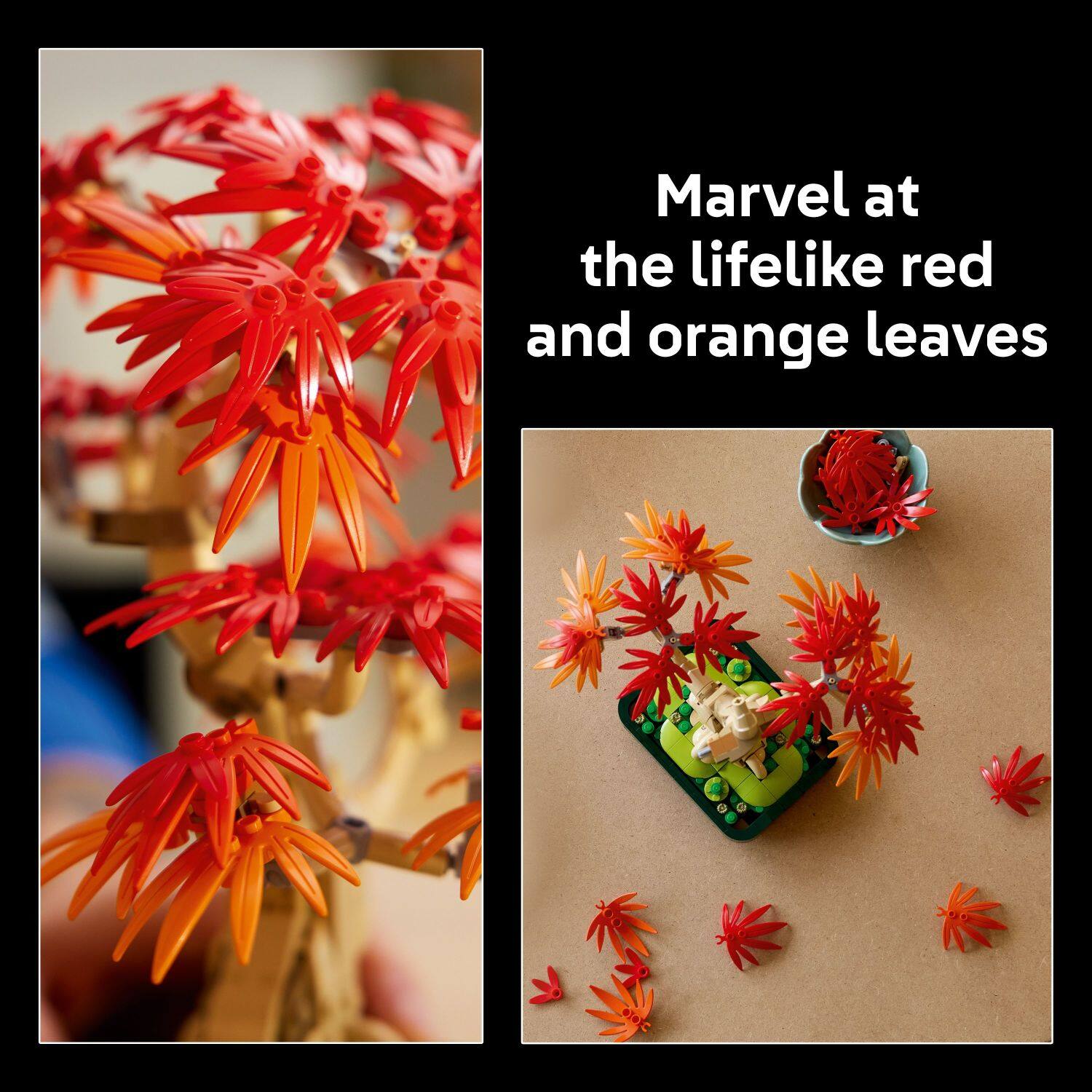 Marvel at the lifelike red and orange leaves.