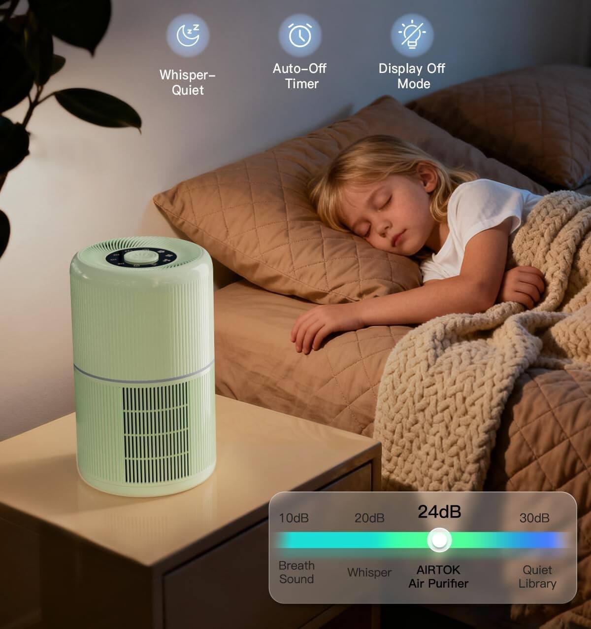 Whisper-Quiet Auto-Off Timer Display Off Mode  
10dB 20dB 24dB 30dB  
Breath Sound Whisper  
AIRTOK Air Purifier Quiet Library