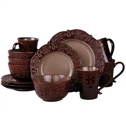 Front. Elama - Elama's Salia 16 Piece Stoneware Dinnerware Set - Brown.