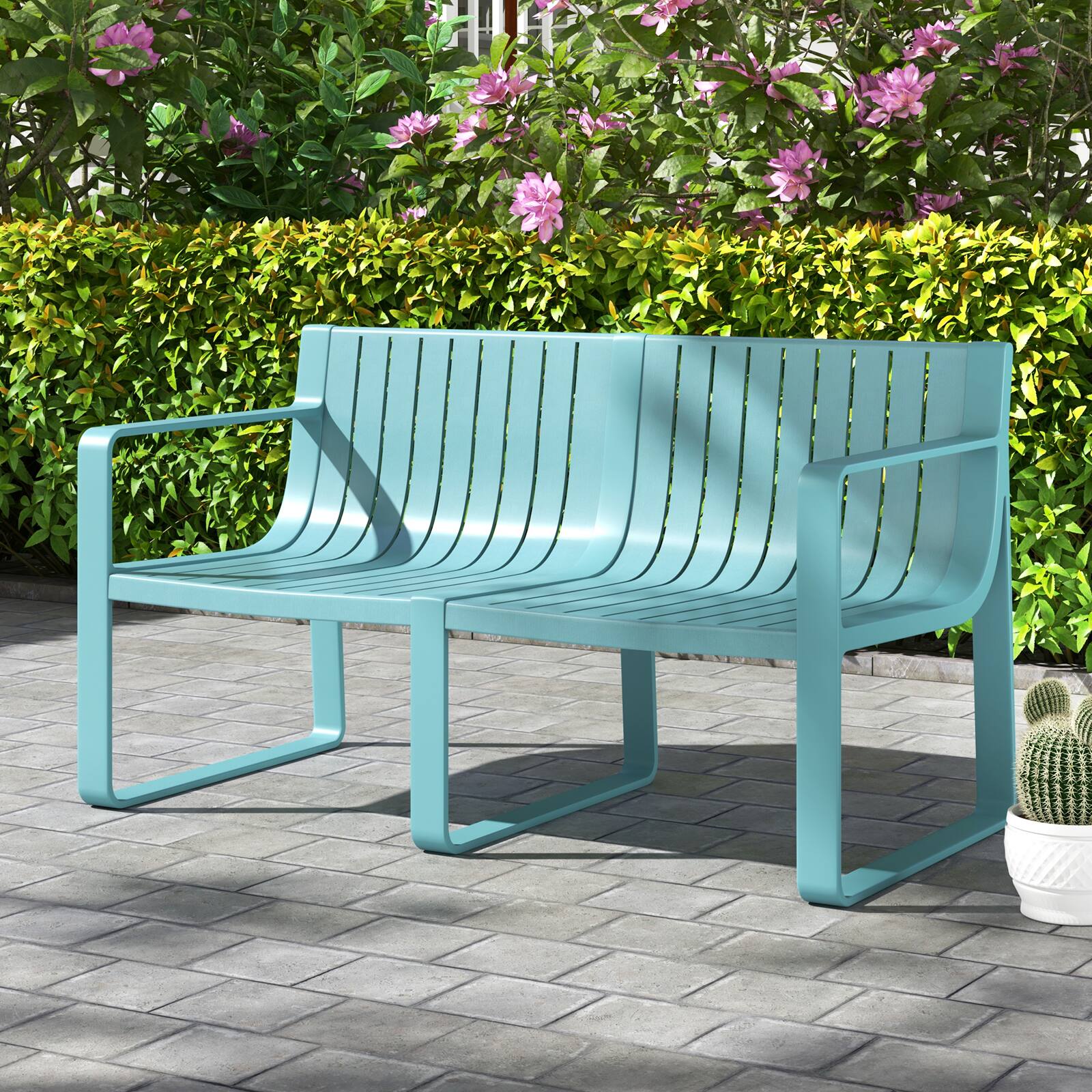 Alt View 3. Gymax - Gymax Patio Loveseat 2-Person Bench w/ Curved Backrest Slatted Design for Backyard Blue - Blue.