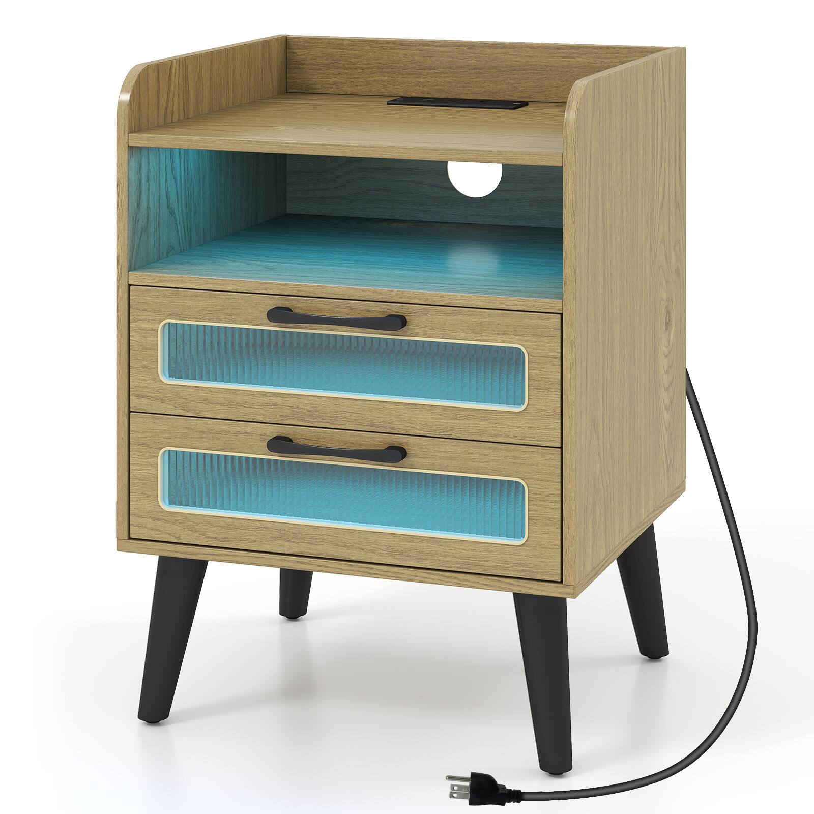 Alt View 9. Costway - Costway 1 PCS Nightstand with Charging Station and LED Lights, Open Shelf and 2 Fluted Drawers - Natural.