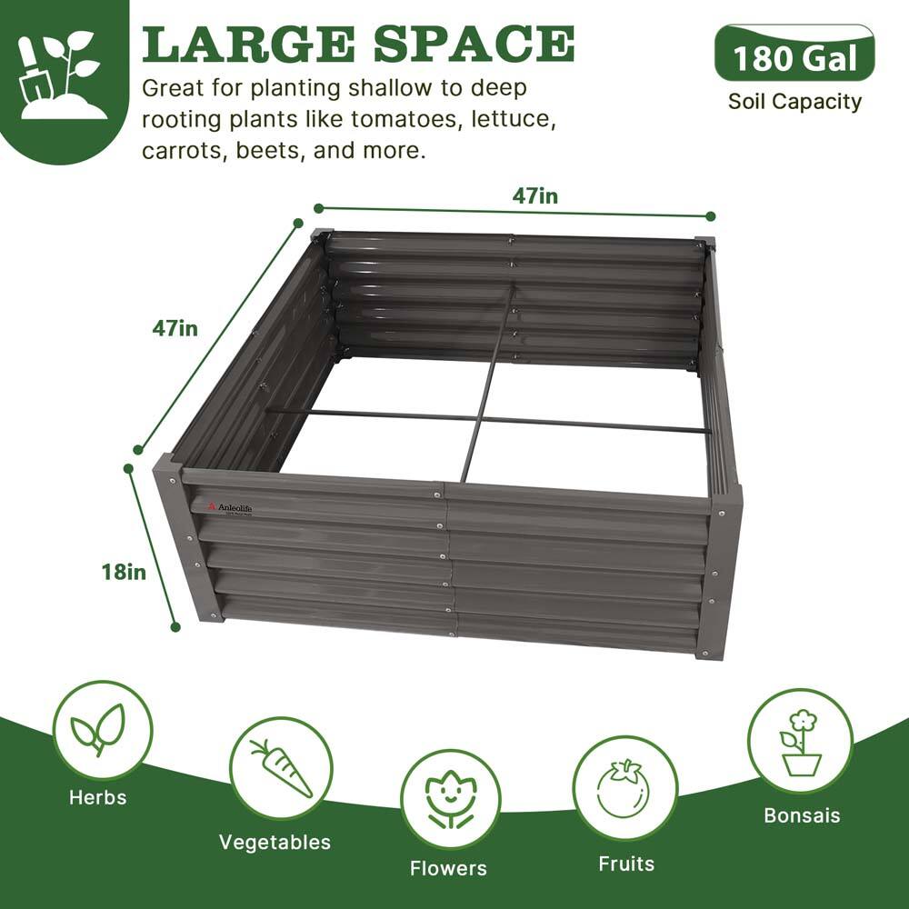 LARGE SPACE  
Great for planting shallow to deep rooting plants like tomatoes, lettuce, carrots, beets, and more.  

180 Gal Soil Capacity  

47in x 47in x 18in  

Herbs  
Vegetables  
Flowers  
Fruits  
Bonsais