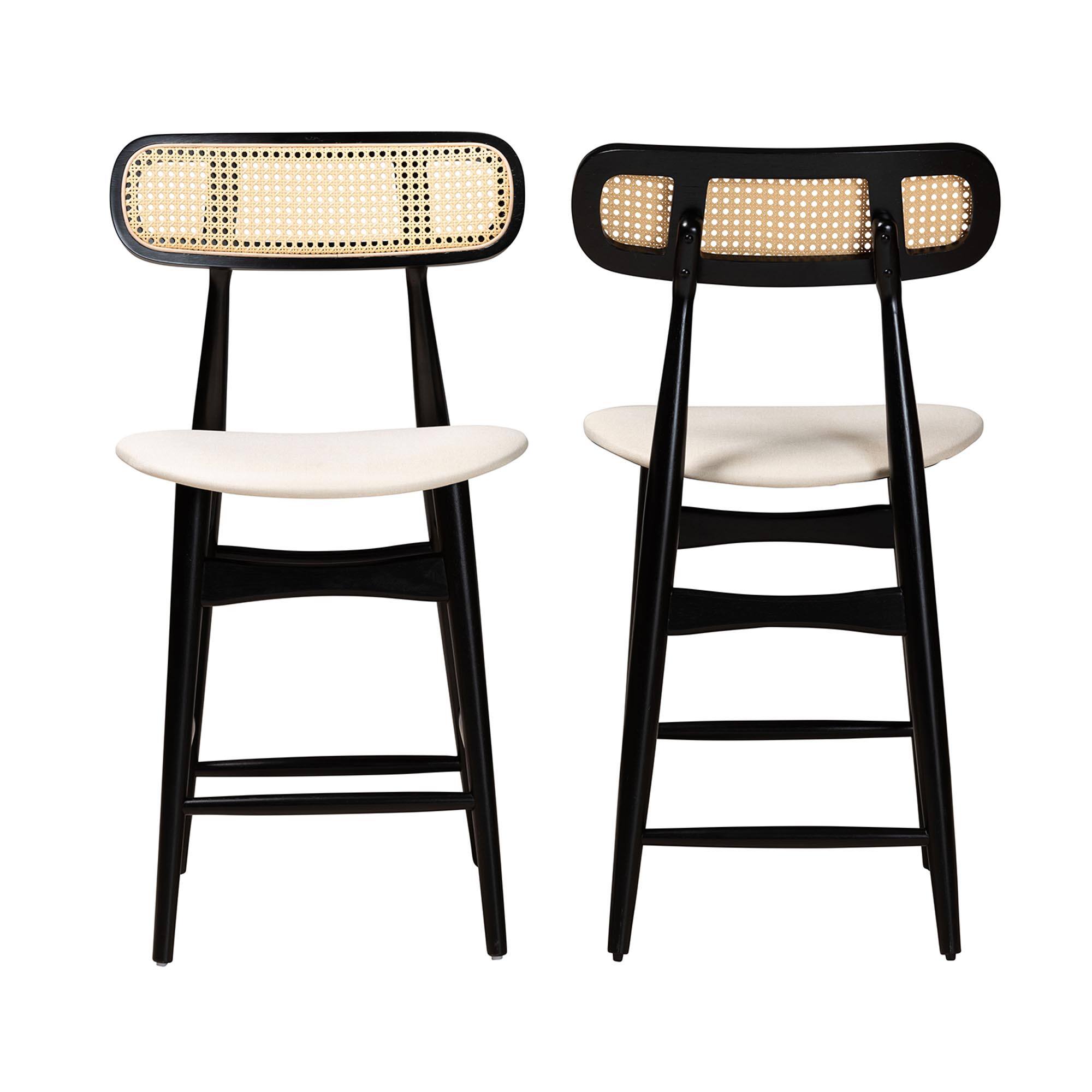 Angle. Baxton Studio - Tarana Mid-Century Modern Fabric and Finished Wood 2-Piece Counter Stool Set - Cream/Black/Light Brown.