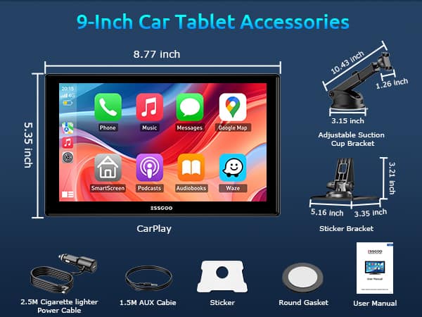 ESSGOO 9″ Touchscreen with Wireless Apple CarPlay & Android Auto