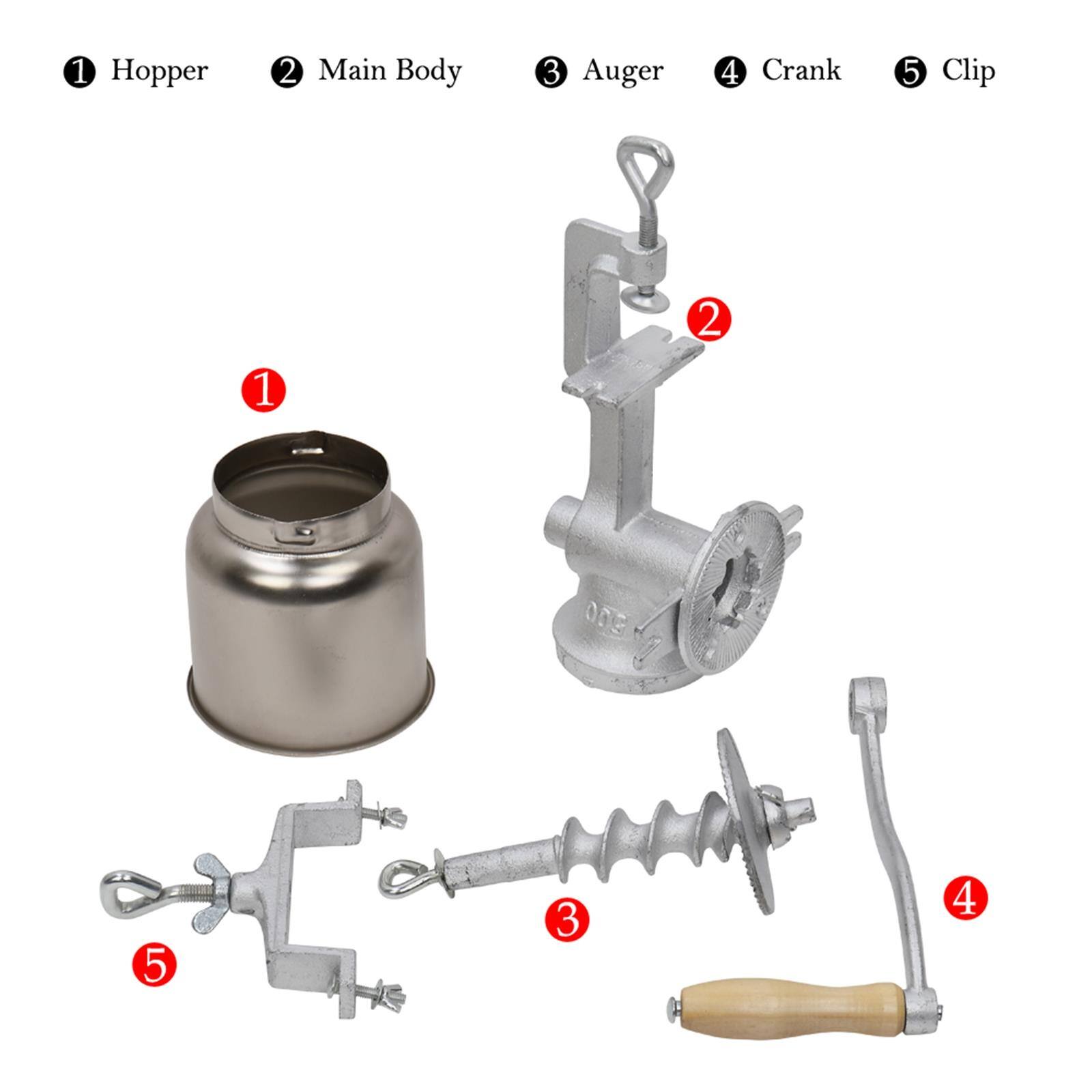 1 Hopper  
2 Main Body  
3 Auger  
4 Crank  
5 Clip  

1  
2  
3  
4  
5
