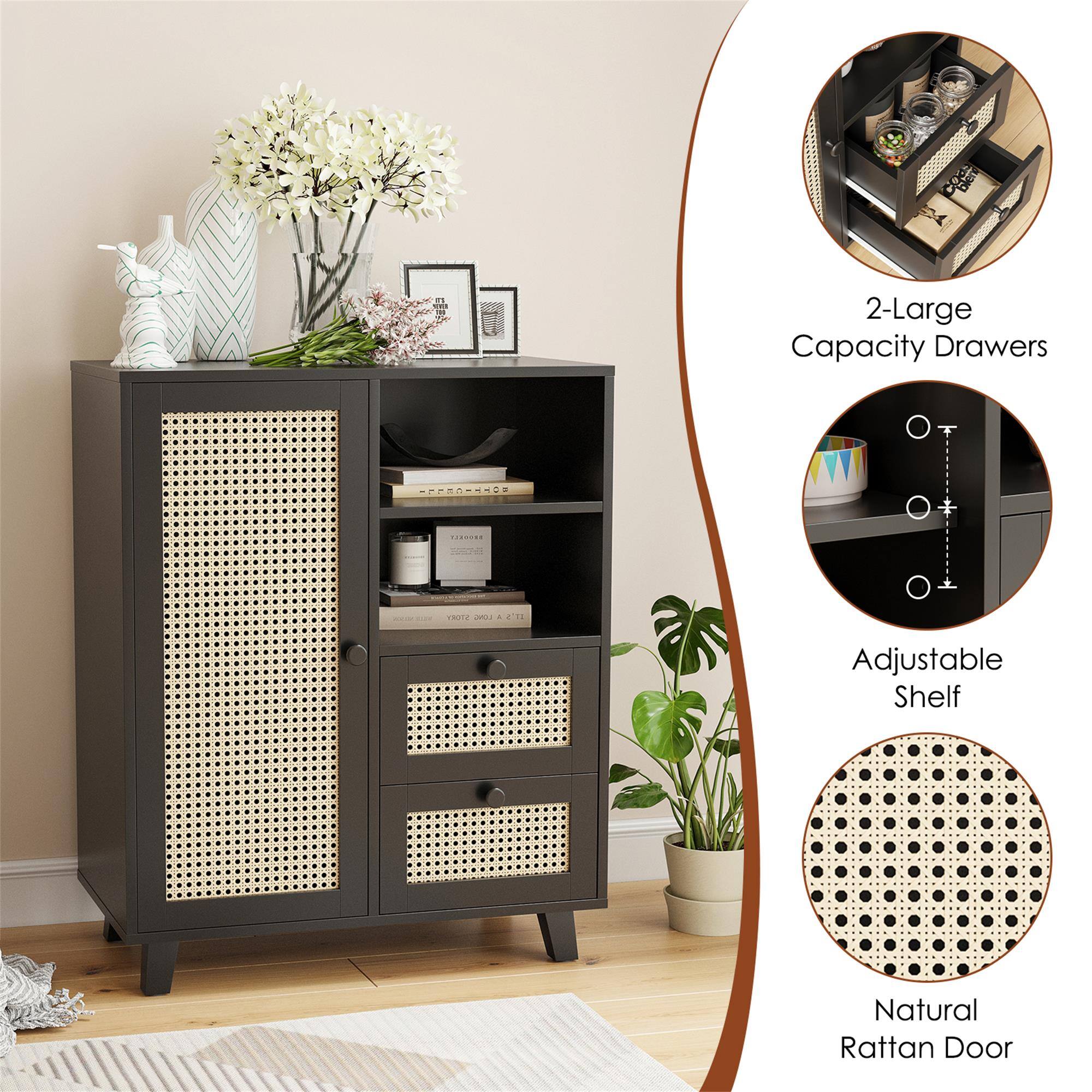 2-Large Capacity Drawers

Adjustable Shelf

Natural Rattan Door