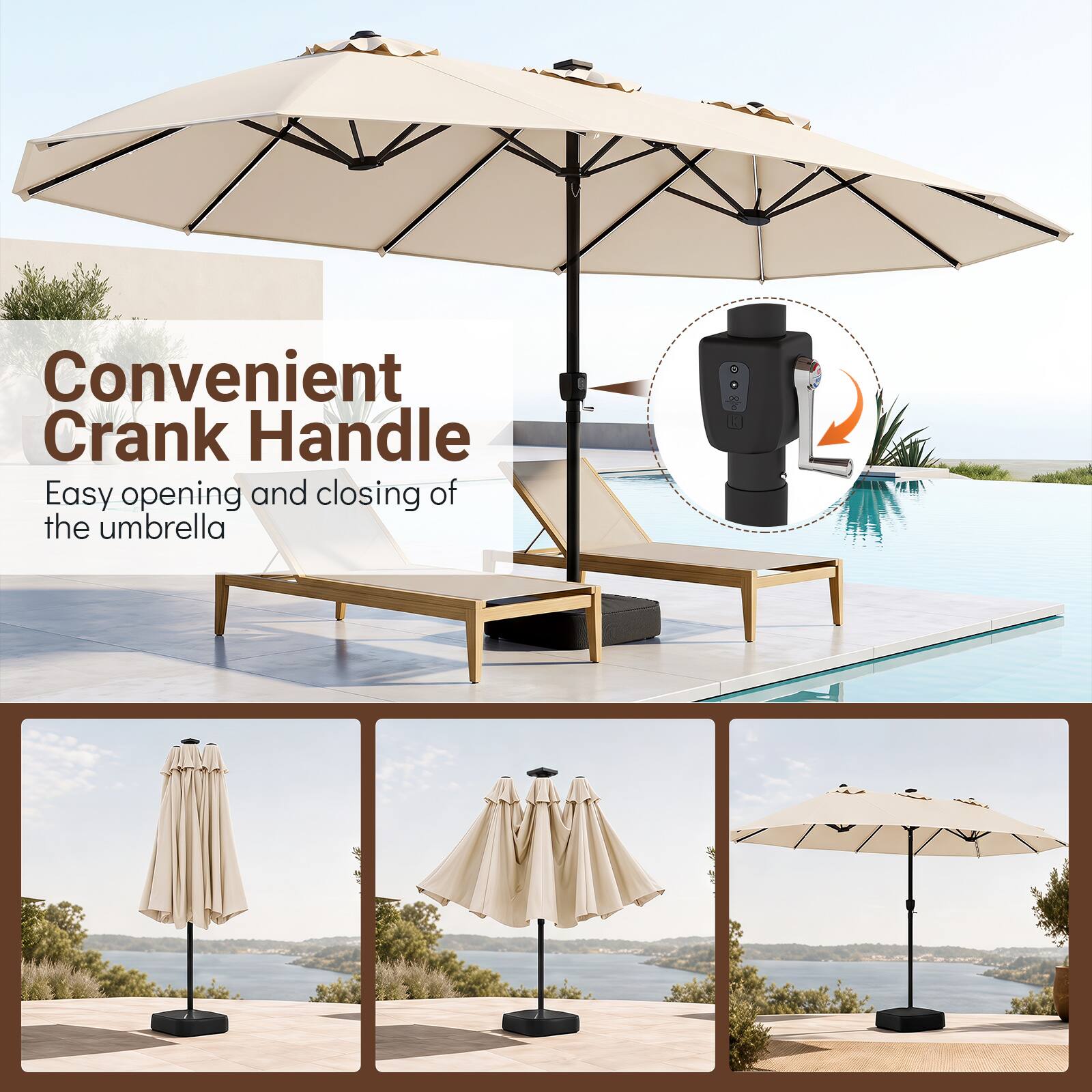 Convenient Crank Handle  
Easy opening and closing of the umbrella
