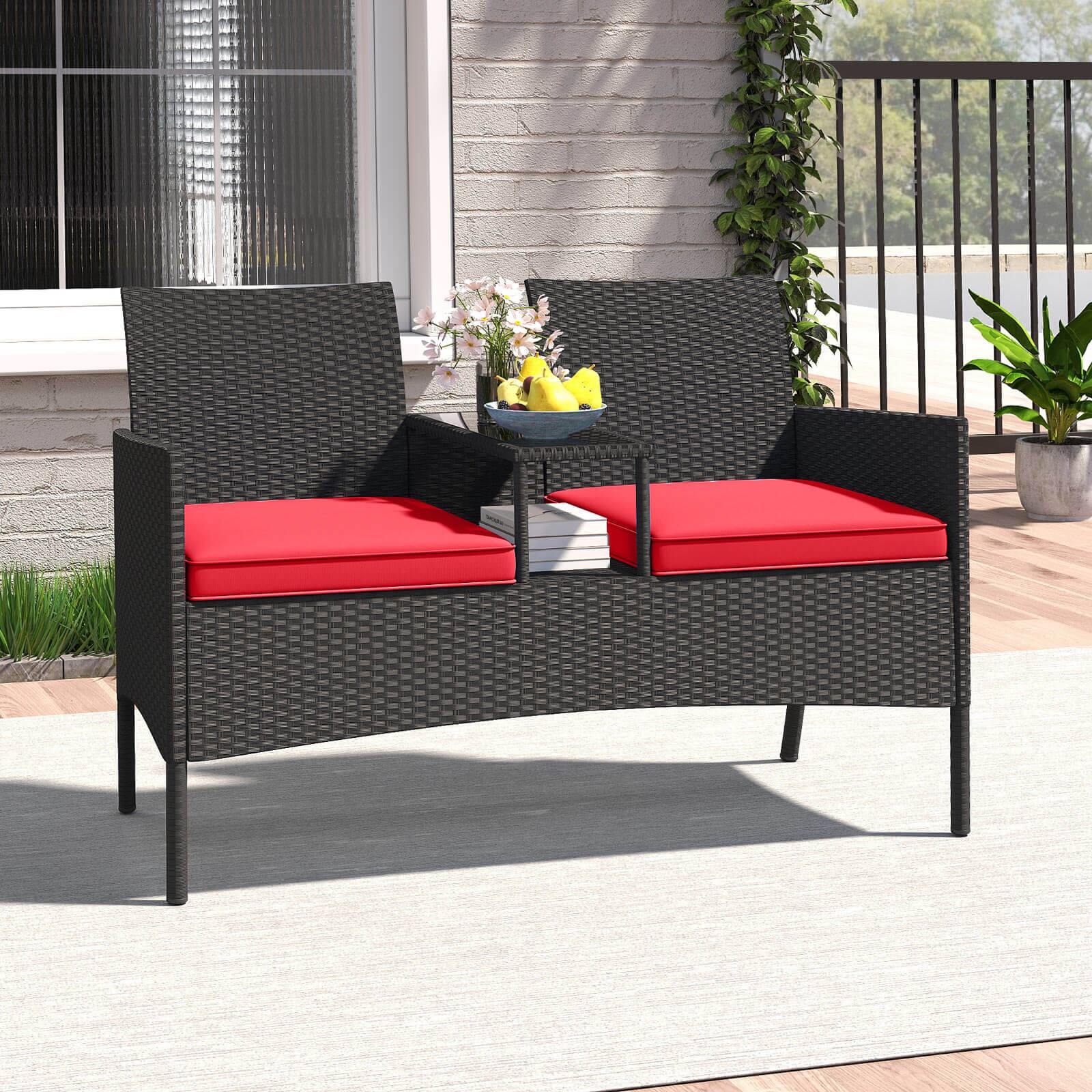 Alt View 3. Costway - Costway Patio Loveseat with Built-in Table Soft Cushions & Tempered Glass Tabletop - Red.