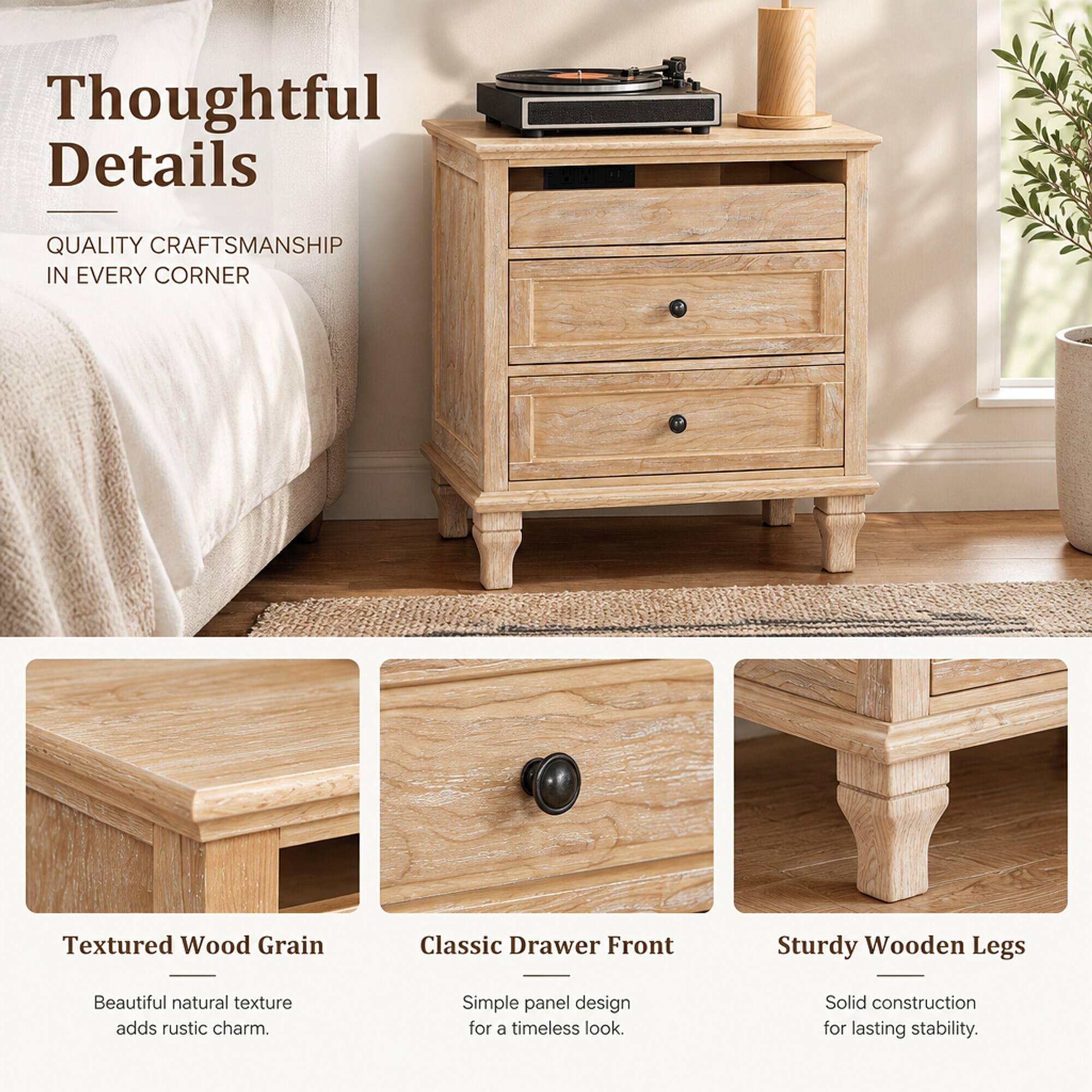 Thoughtful Details  
QUALITY CRAFTSMANSHIP IN EVERY CORNER

Textured Wood Grain  
Beautiful natural texture adds rustic charm.

Classic Drawer Front  
Simple panel design for a timeless look.

Sturdy Wooden Legs  
Solid construction for lasting stability.