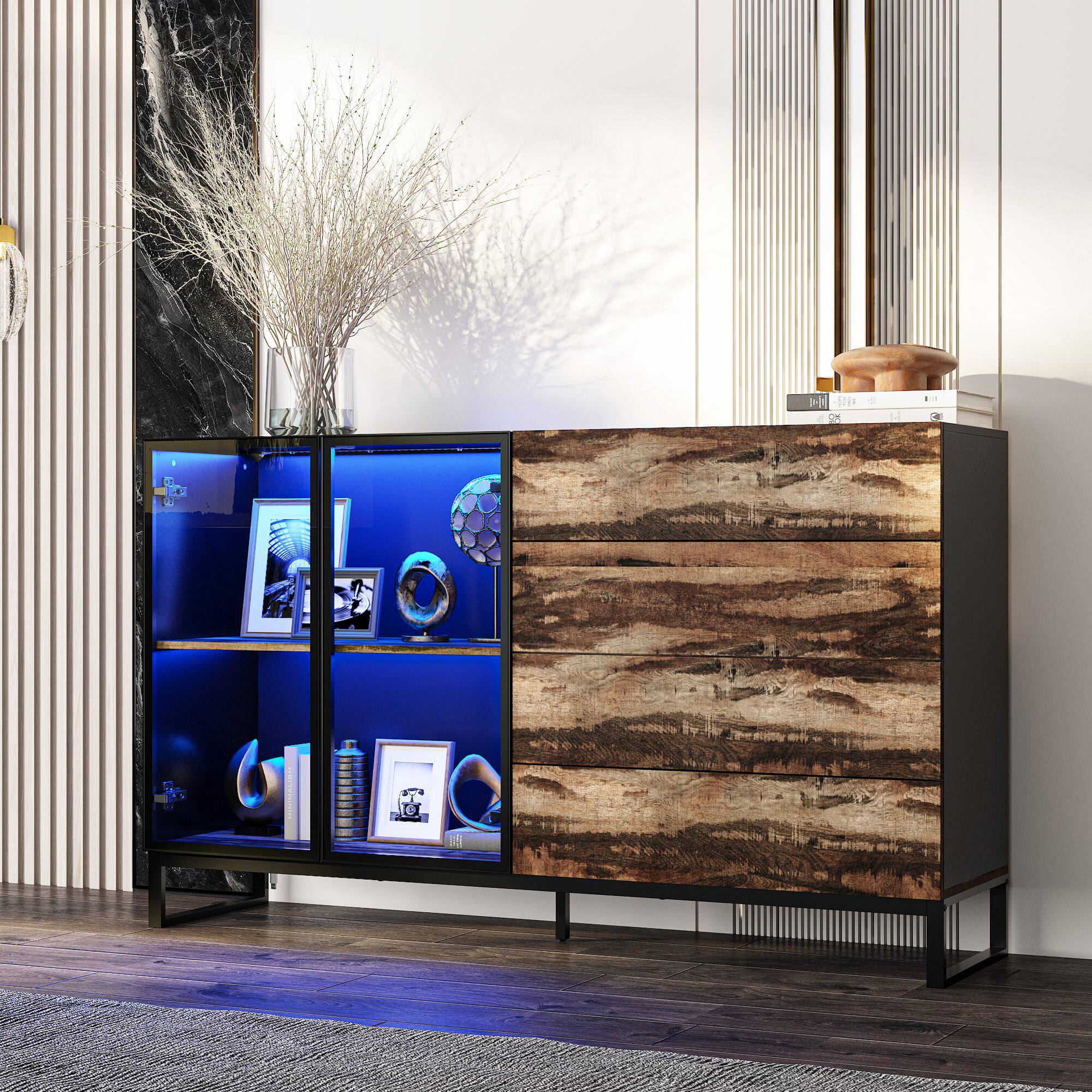 Back. Famapy - LED Lighted Display Cabinet – Glass & Wood Showcase for Collectibles, Figurines, Books, Home Decor - Black & Brown.