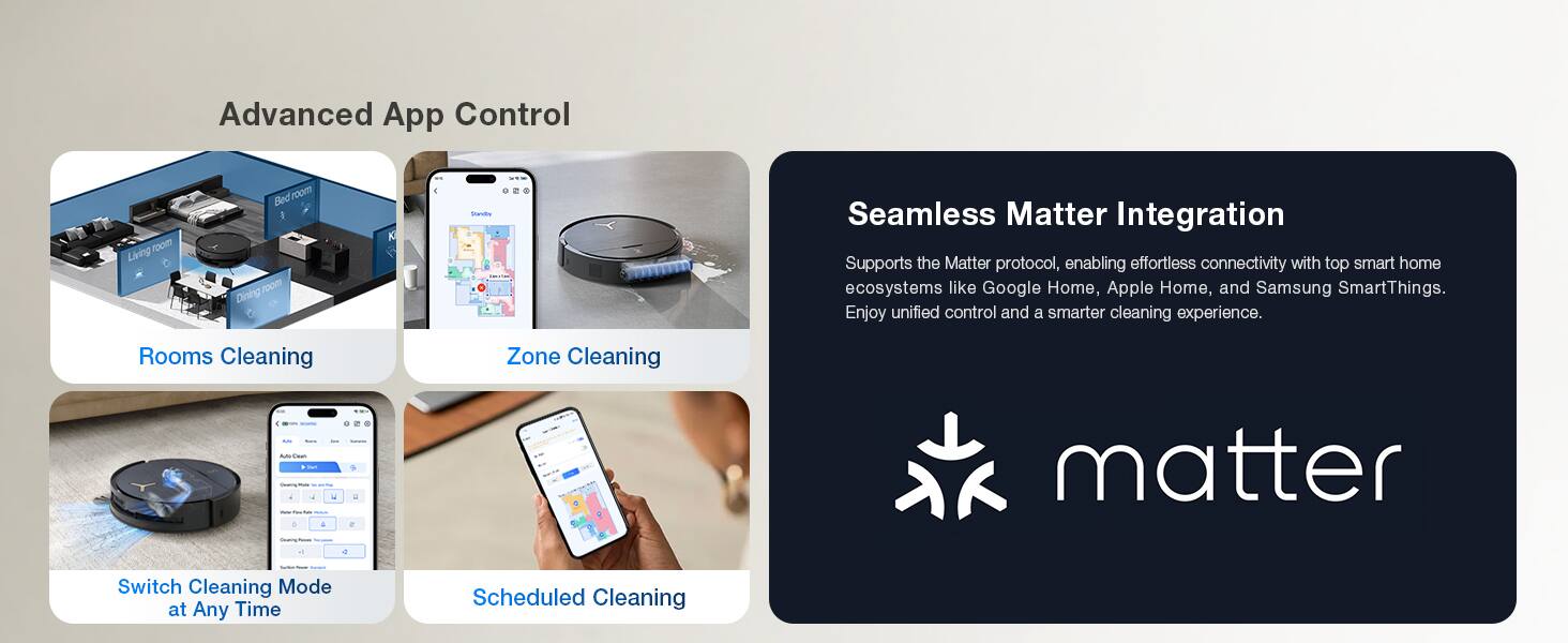 Advanced App Control

- Living Room
- Bedroom
- Dining

Seamless Matter Integration

Supports the Matter protocol, enabling effortless connectivity with top smart home ecosystems like Google Home, Apple Home, and Samsung SmartThings. Enjoy unified control and a smarter cleaning experience.

- Rooms Cleaning
- Zone Cleaning
- Switch Cleaning Mode at Any Time
- Scheduled Cleaning