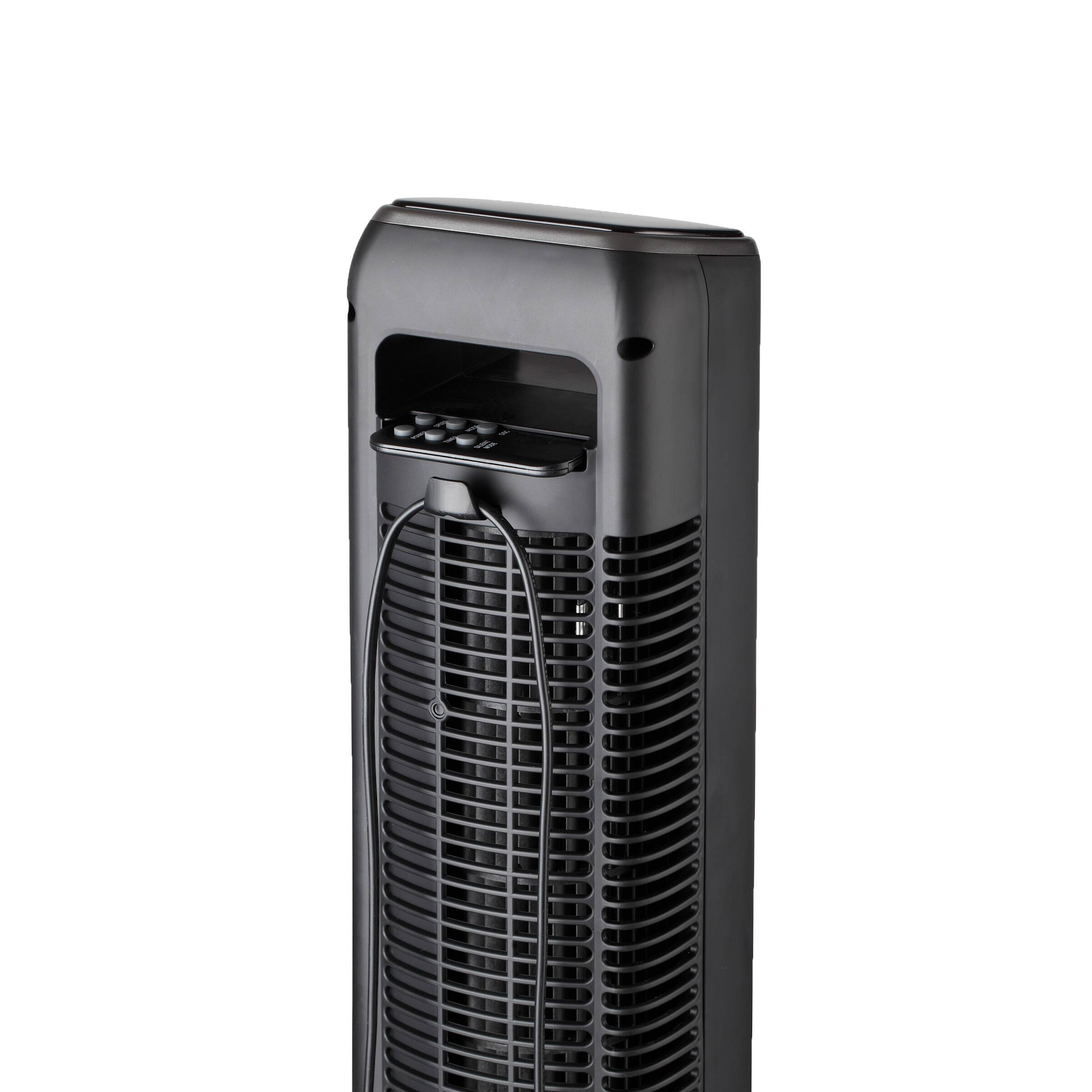 Back. Emerson - Emerson SmartVoice 42” Tower Fan, 40+ Voice Commands, No APP, No WIFI, Oscillating, 3 Wind Speeds, Timer, Oil Diffuser - Black.