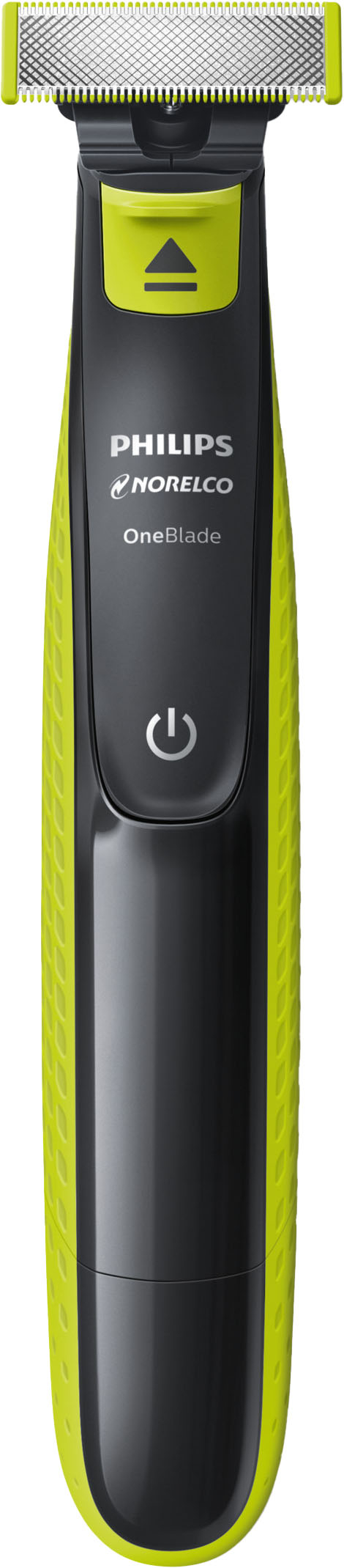 Left View: Philips Norelco OneBlade hybrid electric trimmer and shaver, QP2520/70 - Black And Lime Green