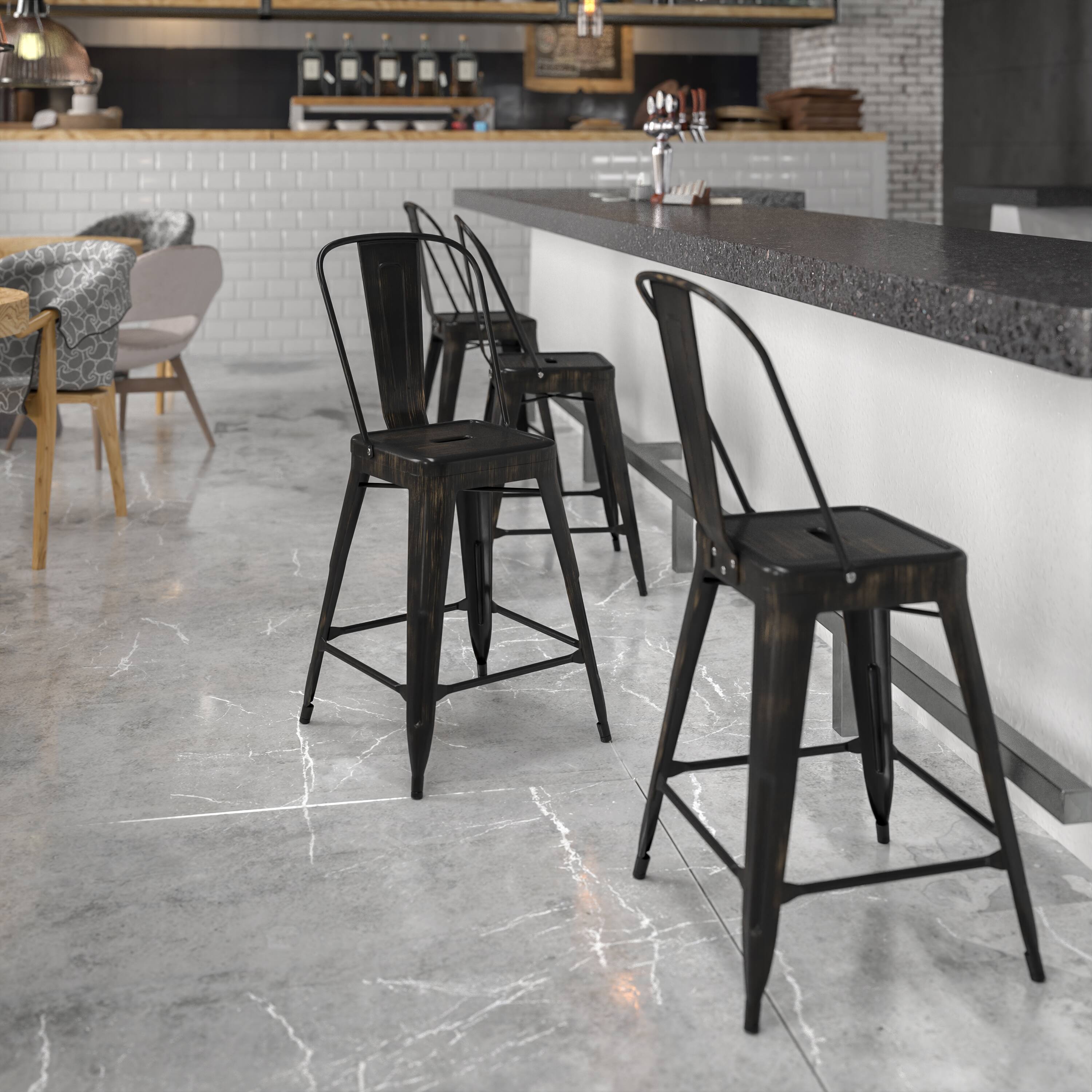 Alt View 1. Emma + Oliver - Commercial Grade 24"H Colorful Metal Indoor-Outdoor Counter Stool with Back - Black-Antique Gold.