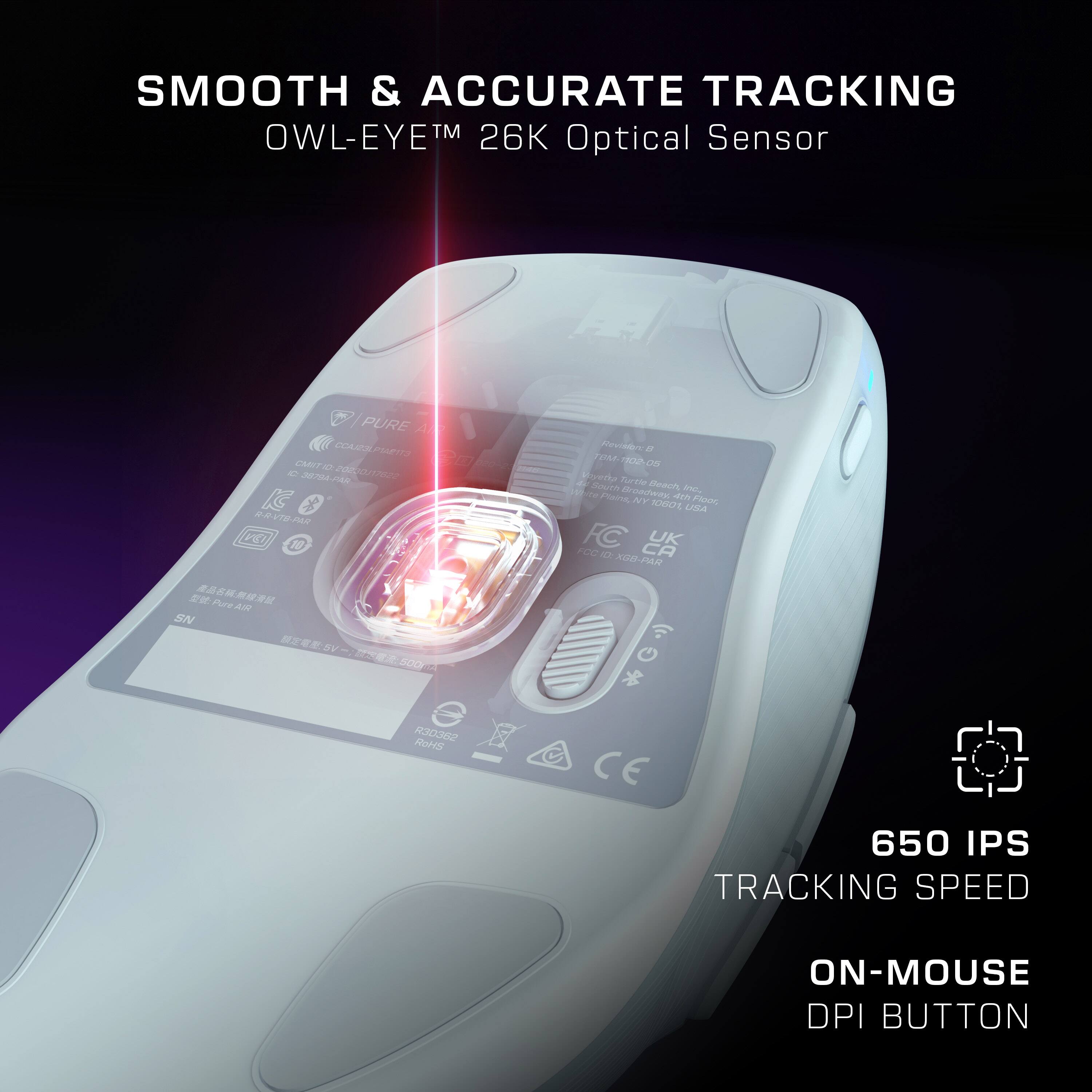 Smooth & Accurate Tracking OWL-EYE TM 26K Sensor Optical PURE AN COMES POP CANT - 20 - I10-2020NA 222 J2 rara //2 E 20 r Pend - OSE 020 O - Boete nuete Sm meacn . 100-18 PATI odwg NY 4m FloD TOMOI LISA FC CA UK FOS 1D X0-PAR  AovA AI SN  mV  SOOES SBEGER RoHS  650 IPS TRACKING SPEED ON-MOUSE DPI BUTTON