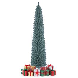 Gymax - 7 FT Artificial Pencil Christmas Tree418 Lush Branch Tips Folding Metal Stand Green - Gray