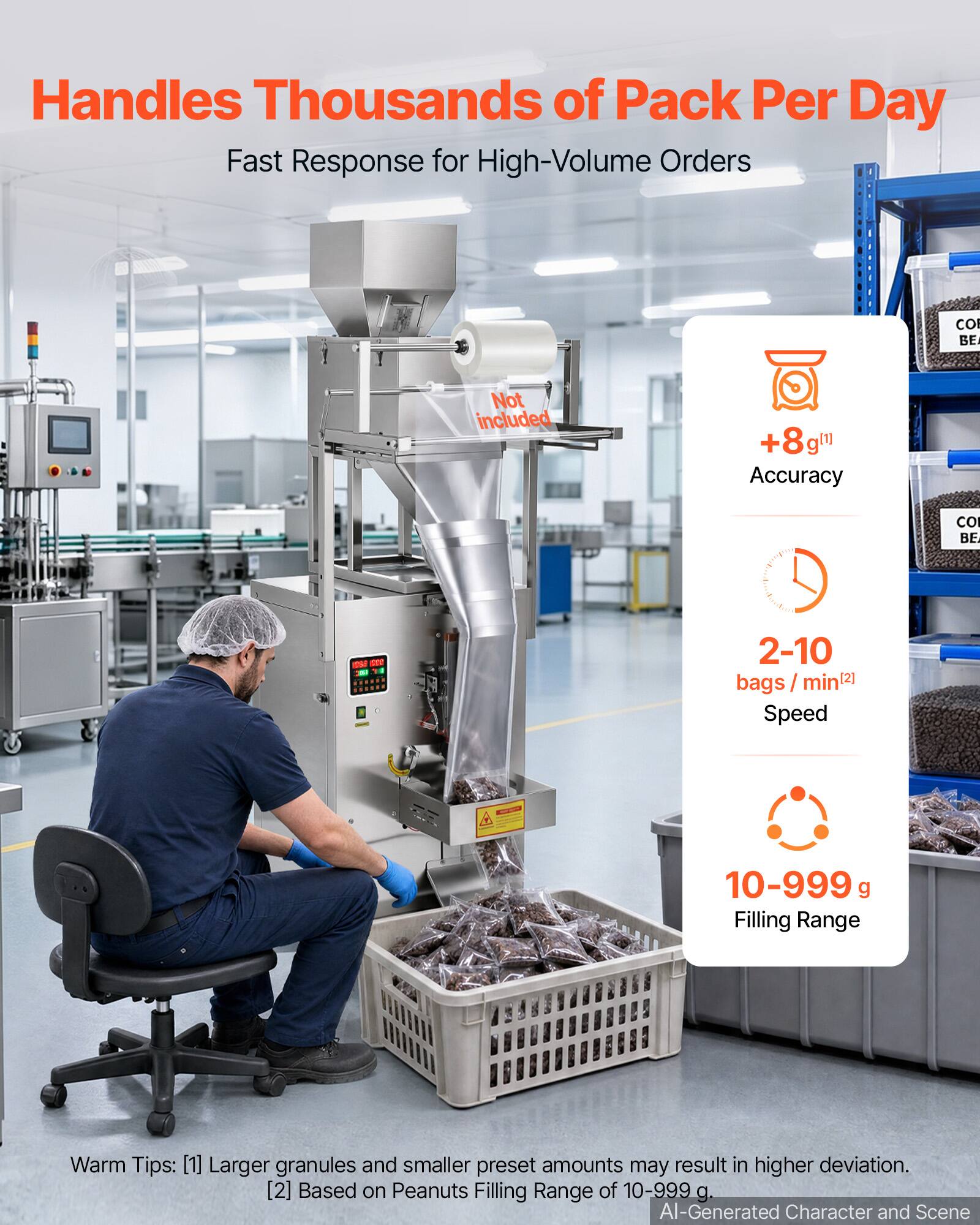 Handles Thousands of Pack Per Day  
Fast Response for High-Volume Orders  

+8g(1) Accuracy  
2-10 bags/min(2) Speed  
10-999 g Filling Range  

Warm Tips:  
[1] Larger granules and smaller preset amounts may result in higher deviation.  
[2] Based on Peanuts Filling Range of 10-999 g.  

AI-Generated Character and Scene