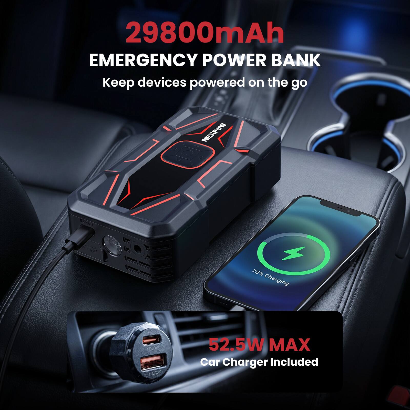 29800mAh EMERGENCY POWER BANK  
Keep devices powered on the go  

NEXPOW  
OF/ANIL  

75% Charging  

PD30W QC3.0  
52.5W MAX Car Charger Included