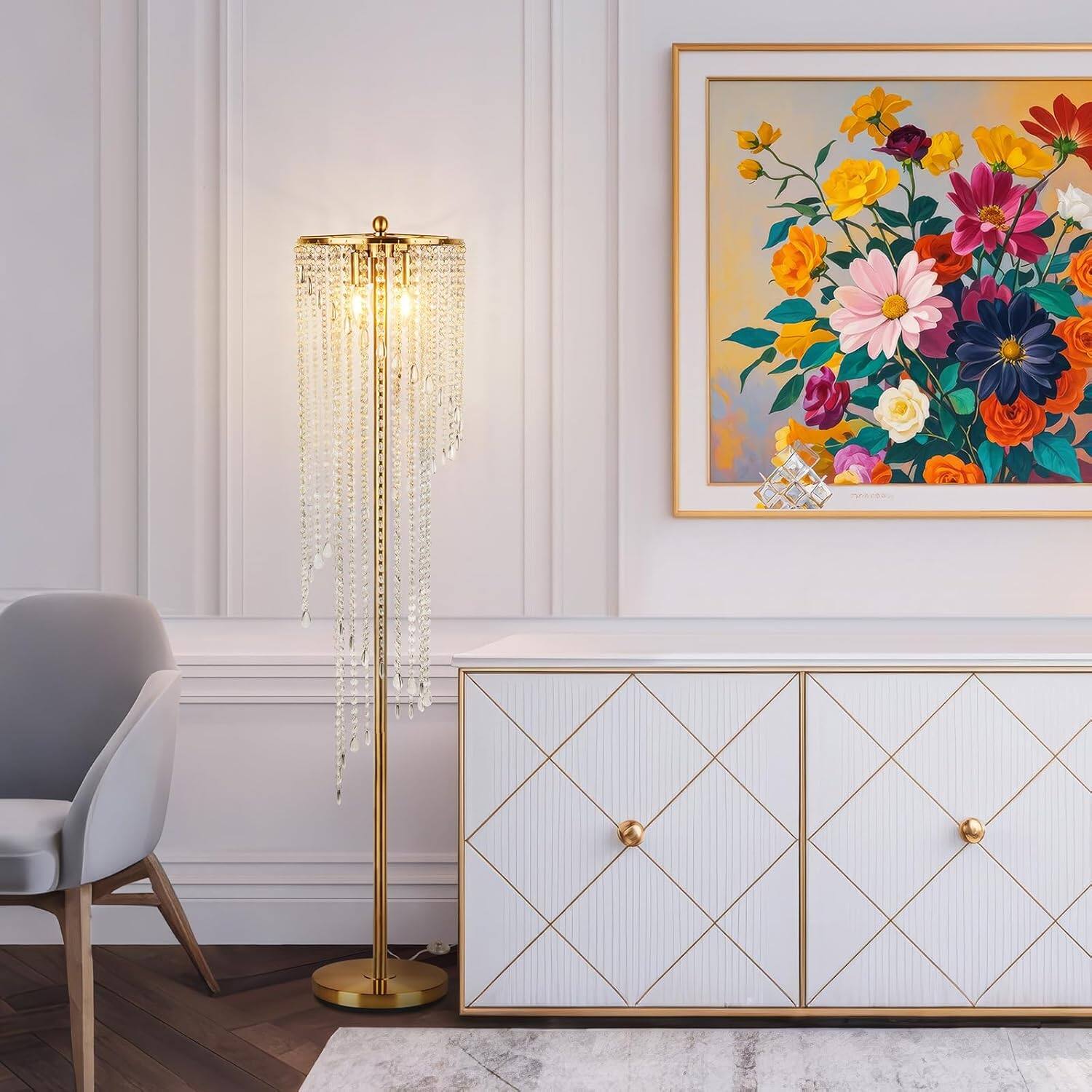 Back. Akoasm - 63in. H Gold Floor Lamps with Double-Layer Crystal Lamp Shade for Living Room (2700K LED Bulbs Included).