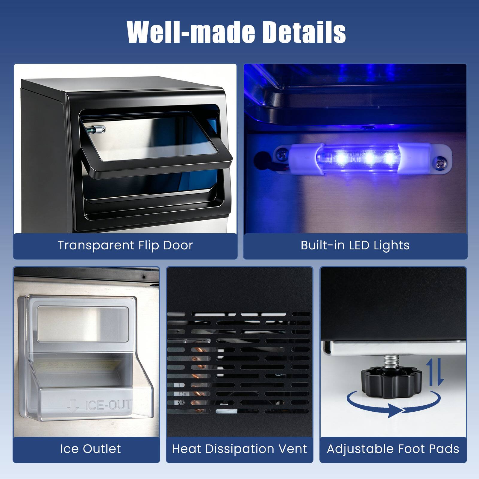 Well-made Details

Transparent Flip Door

Built-in LED Lights

Ice Outlet

Heat Dissipation Vent

Adjustable Foot Pads