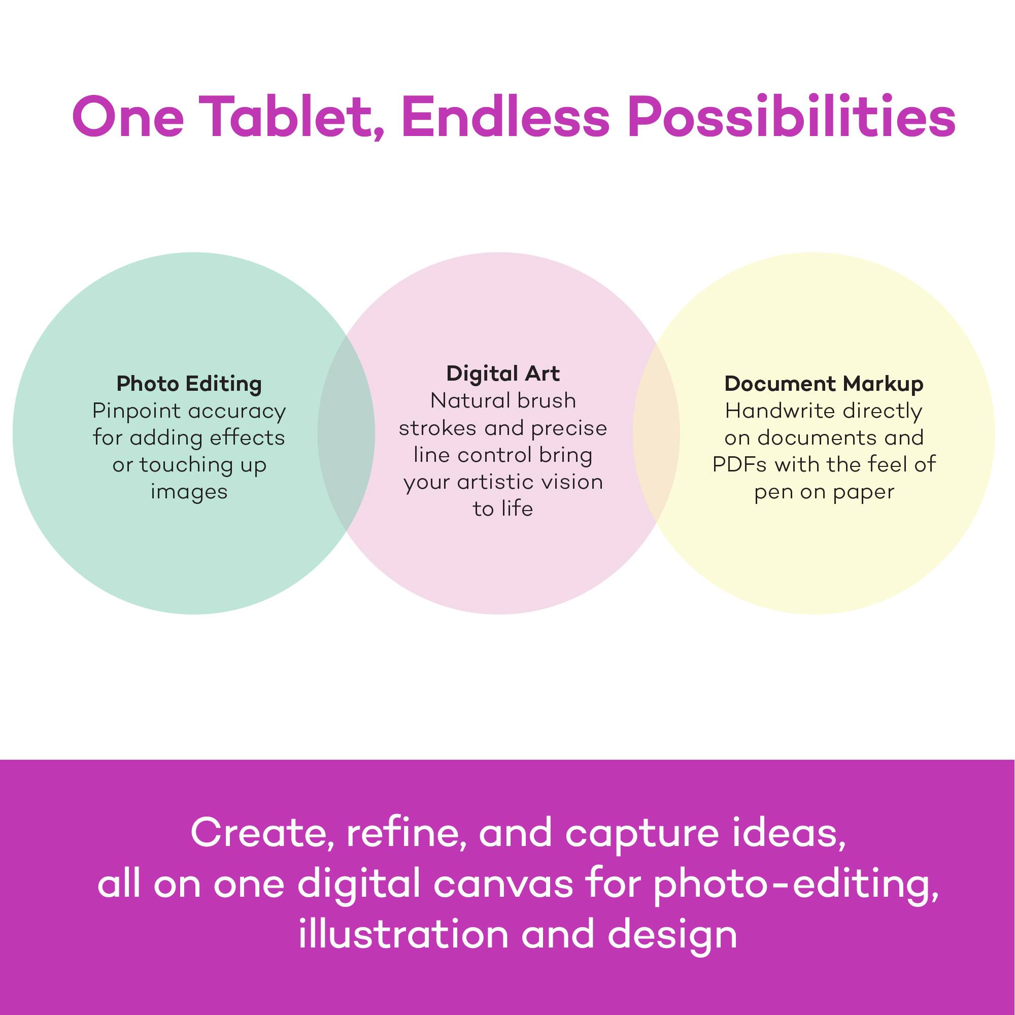 One Tablet, Endless Possibilities

Photo Editing  
Pinpoint accuracy for adding effects or touching up images

Digital Art  
Natural brush strokes and precise line control bring your artistic vision to life

Document Markup  
Handwrite directly on documents and PDFs with the feel of pen on paper

Create, refine, and capture ideas, all on one digital canvas for photo-editing, illustration and design