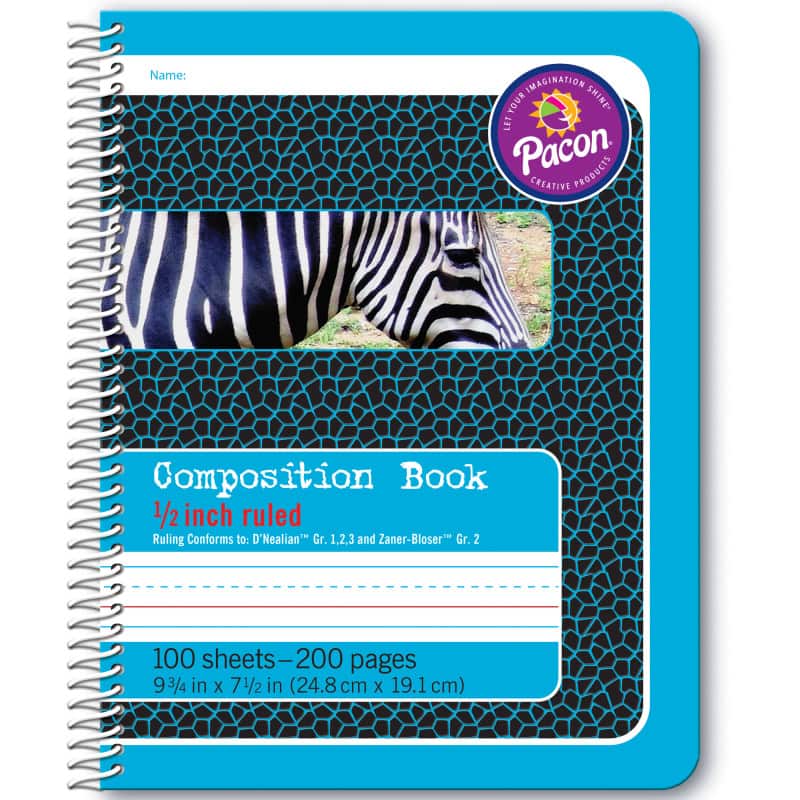 Pacon - Primary Composition Book, Spiral Bound, D'Nealian/Zaner-Bloser, 1/2" x 1/4" x 1/4" Ruled, 9-3/4" x 7-1/2", 100 Sheets