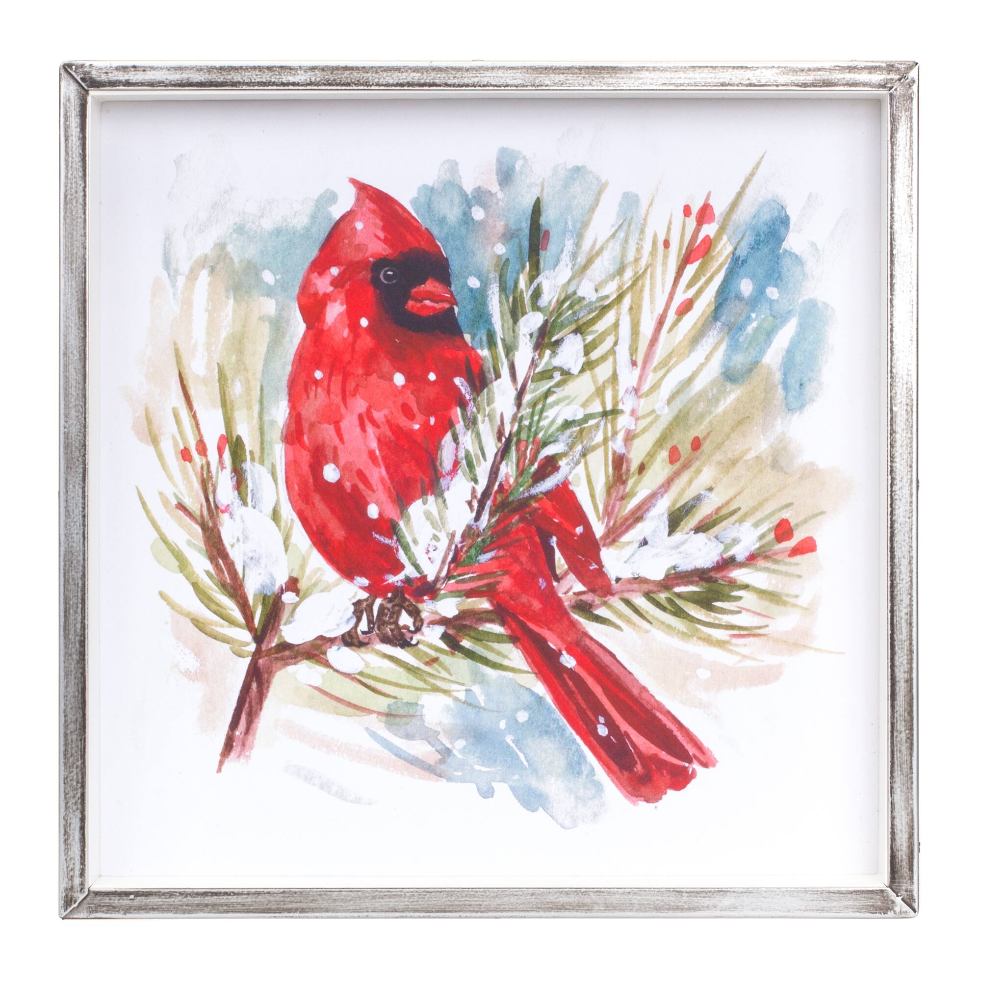 Left. BreeBe - Winter Cardinal and Pine Branch Framed Print (Set of 2) - White, Red, Brown.