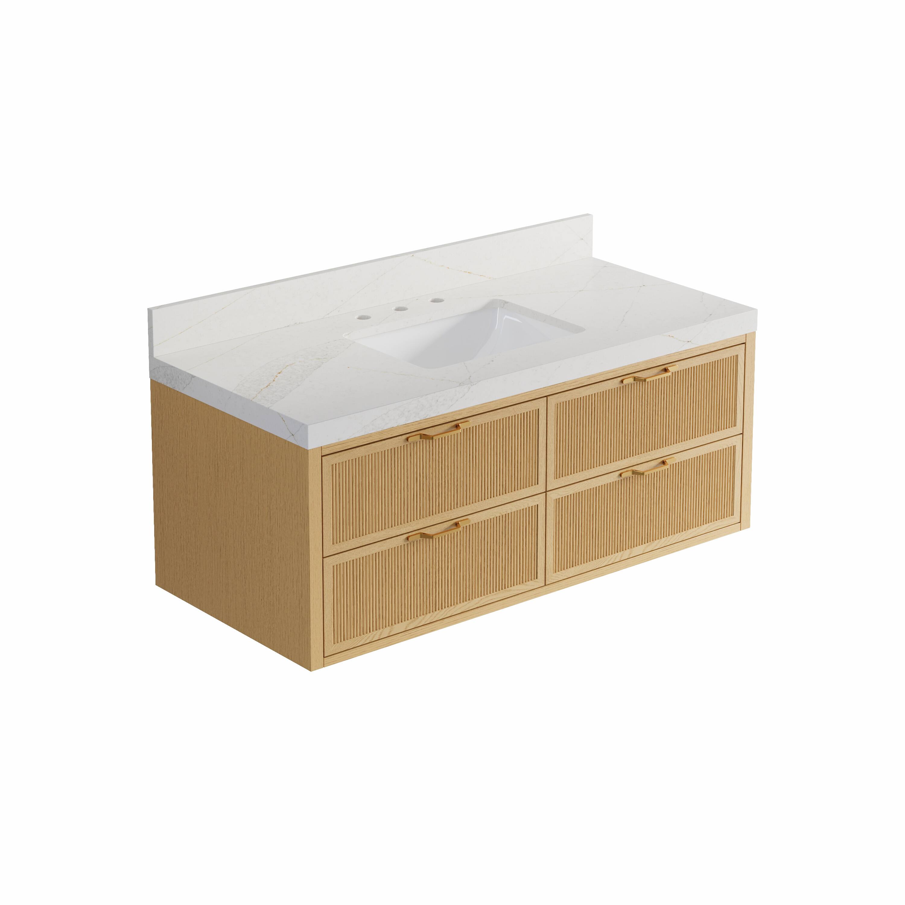 Alt View 8. WELLFOR - LYNOAK 48 in. Wall-mount Solid Wood Bath Vanity with Quartz Top, Single Sink, Soft Close, Assembled - OAK.