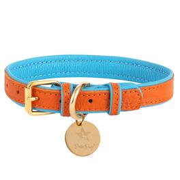 PoisePup - Genuine Leather Dog Collar - Handmade, Adjustable & Soft - Orange | Blue
