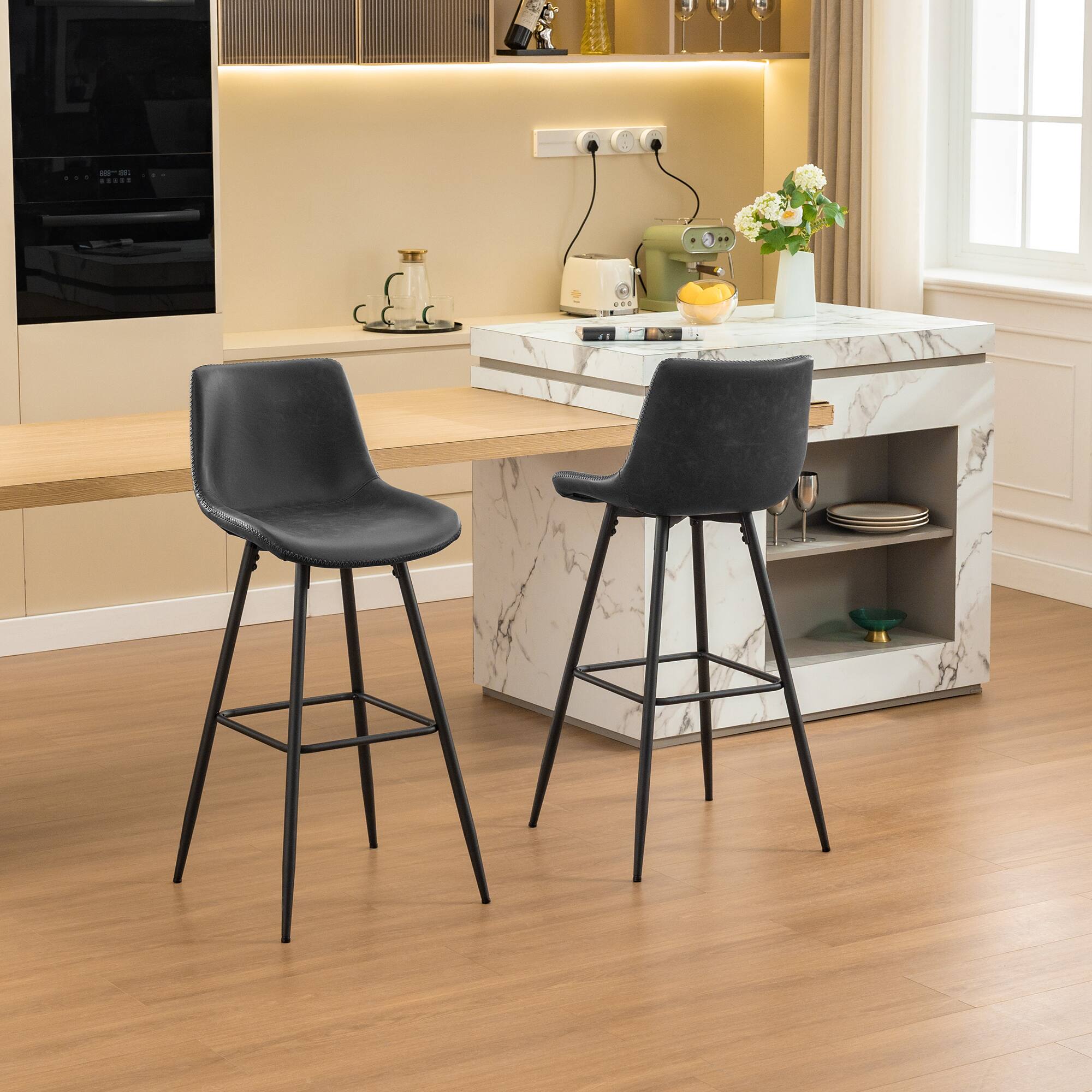 KERDOM - 28‘’ Height Kitchen Island Chairs Set of 2 Bar Chair, Waterproof PU Leather Kitchen High Chair Counter Stool Rubber Feet - Stone Grey - 2pcs