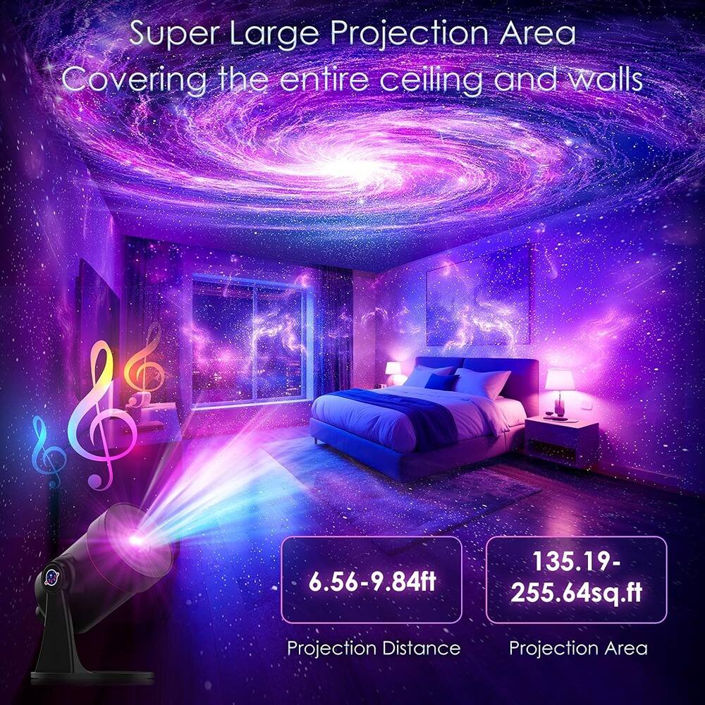 Super Large Projection Area  
Covering the entire ceiling and walls  

Projection Distance: 6.56-9.84ft  
Projection Area: 135.19-255.64sq.ft