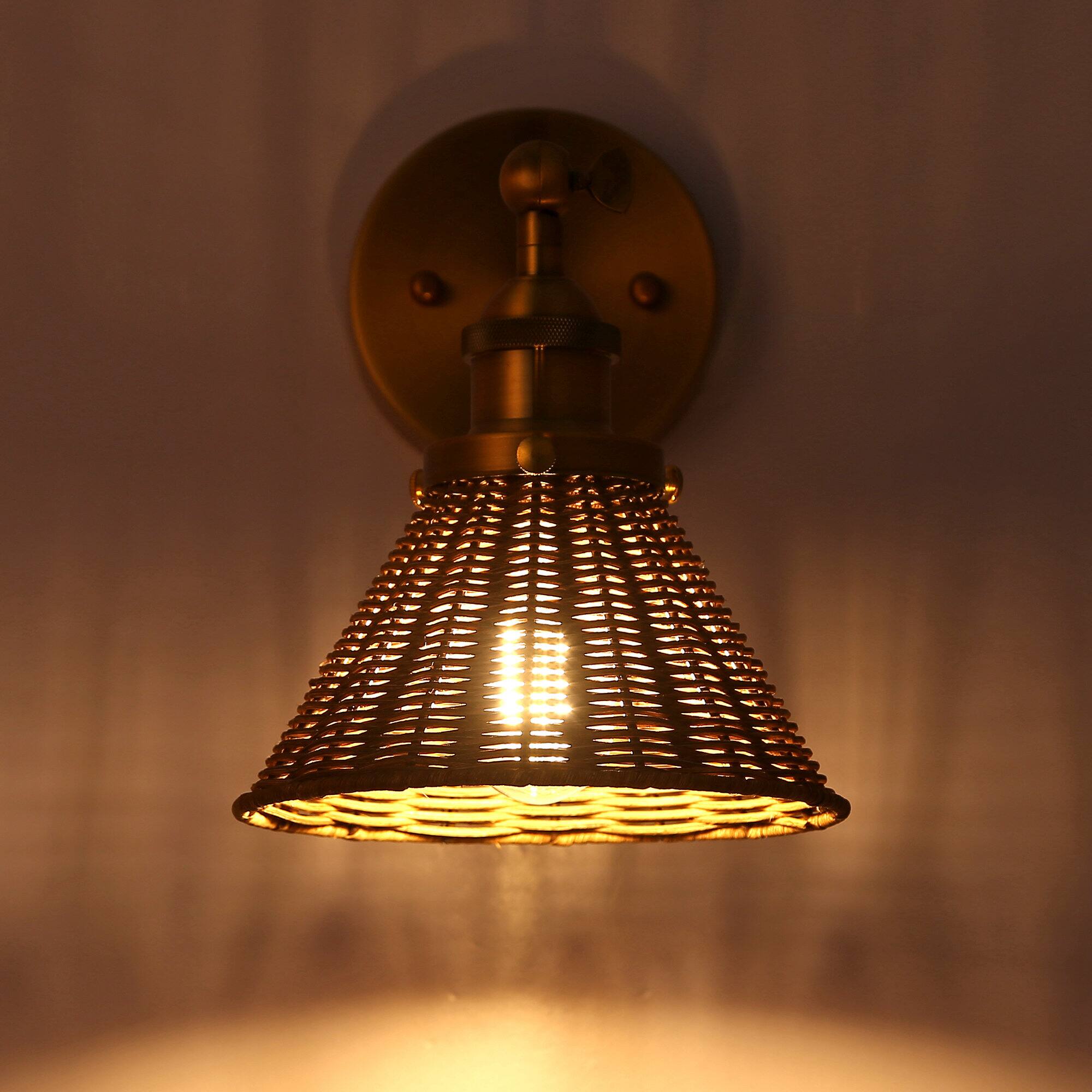 Left. Parrot Uncle - 7" W Rustic Gold Wall Light with Rattan Shade - Gold.