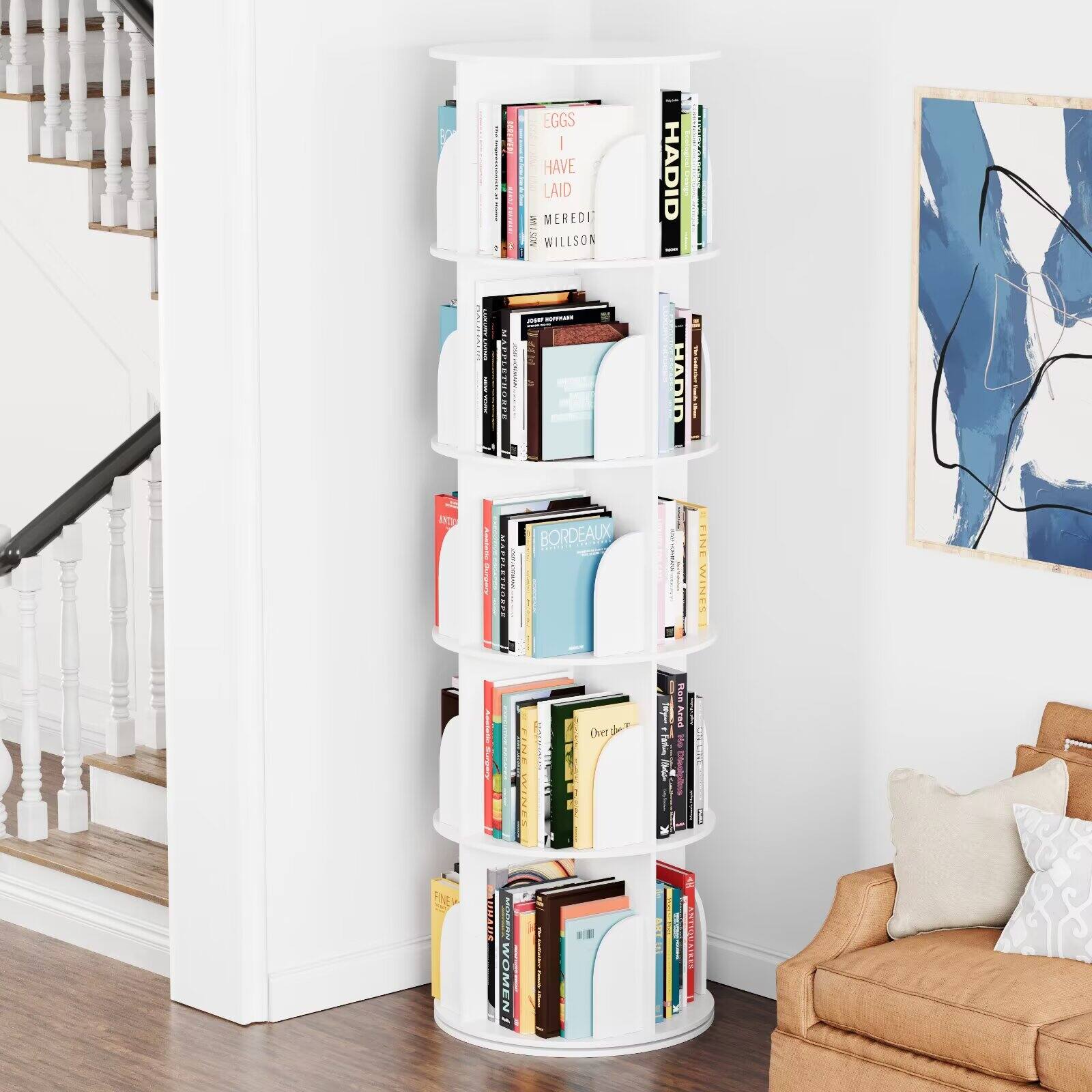 Tooloton - 360-Degree Rotating Bookcase, 5-Tier Spinning Shelf Unit, Revolving Storage Carousel Organizer - White