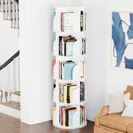 Tooloton - 360-Degree Rotating Bookcase, 5-Tier Spinning Shelf Unit, Revolving Storage Carousel Organizer - White