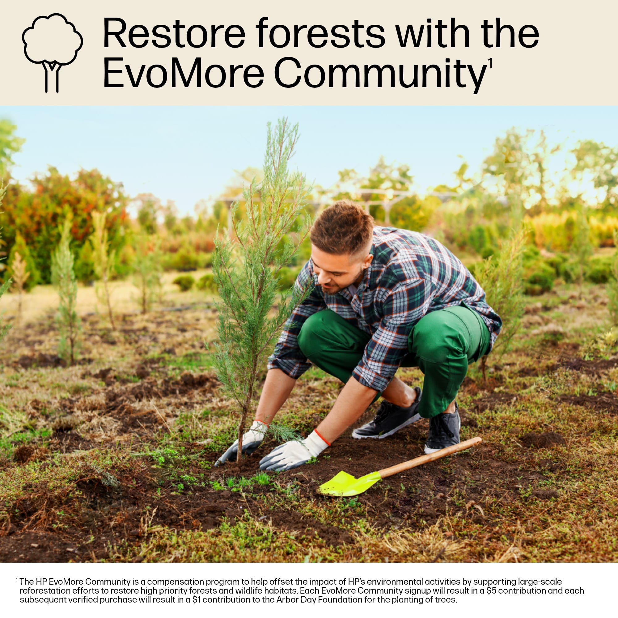 The HP EvoMore Community is a compensation program that helps offset the impact of HP's environmental activities by supporting large-scale reforestation efforts to restore high priority forests and wildlife habitats. Each EvoMore Community signup results in a $5 contribution, and each subsequent verified purchase results in a $1 contribution to the Arbor Day Foundation for the planting of trees.