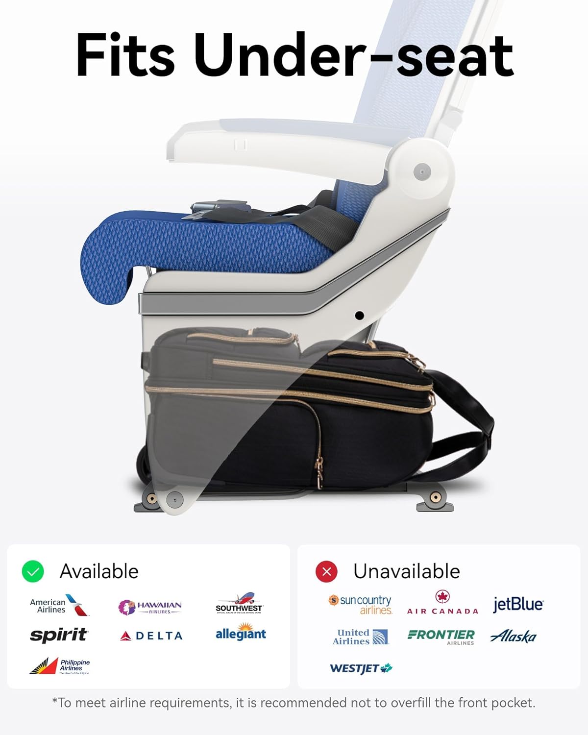 Fits Under-seat

Available:
- American Airlines
- Hawaiian Airlines
- Southwest
- Spirit
- Delta
- Allegiant
- Philippine Airlines

Unavailable:
- Sun Country Airlines
- Air Canada
- JetBlue
- United Airlines
- Frontier Airlines
- Alaska Airlines
- WestJet

*To meet airline requirements, it is recommended not to overfill the front pocket.