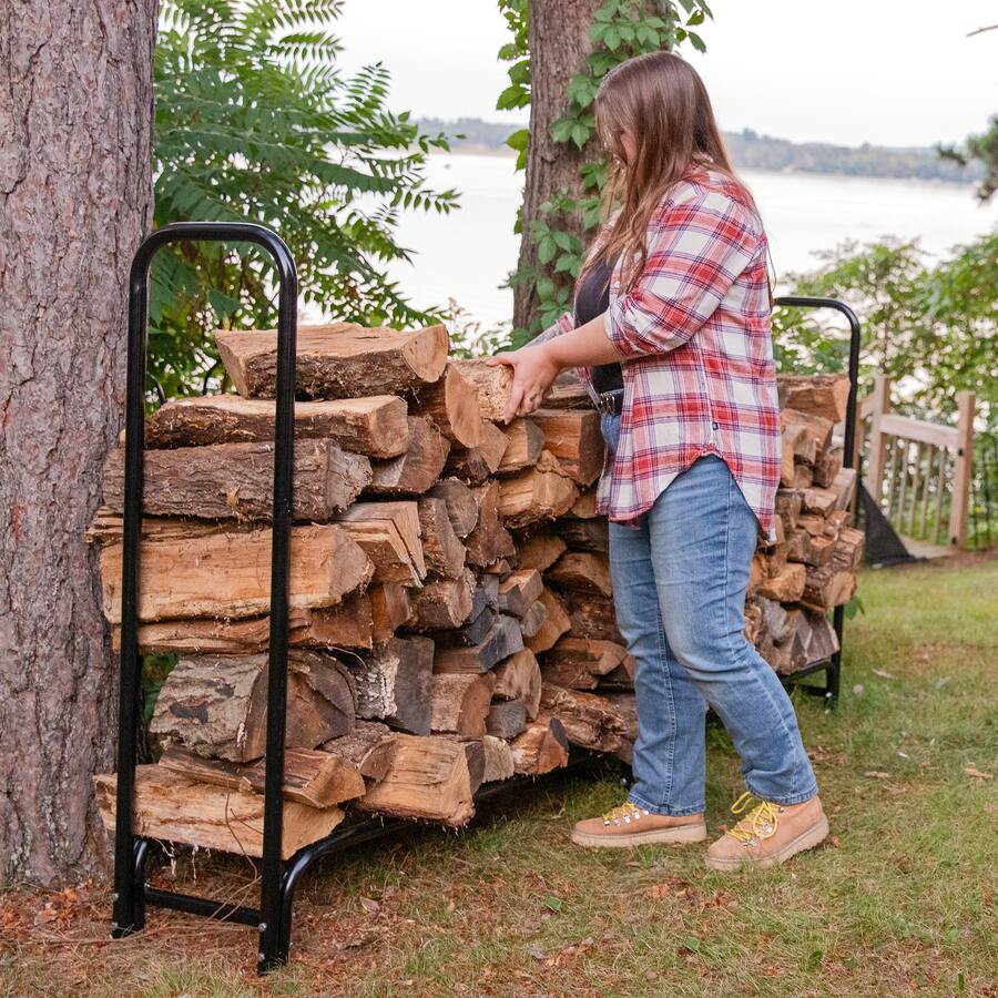 Sunnydaze 8 ft Powder Coated Steel Firewood Log Rack with Cover Black ...