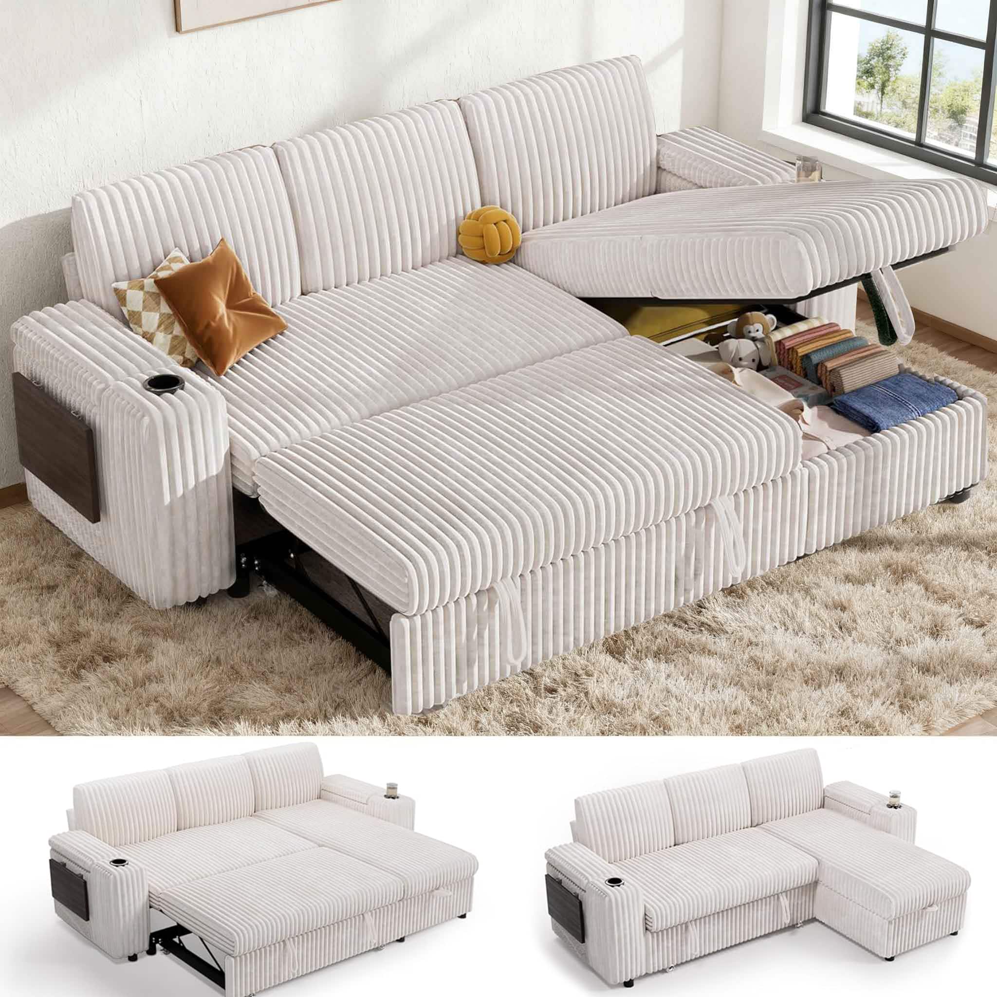 Dyonery - 85" Modular Sectional Sleeper Sofa with Pull Out Bed, 3 Seat L Shaped with Reclining Backrest,Corduroy Beige - Beige