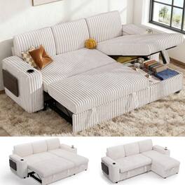 Dyonery - 85" Modular Sectional Sleeper Sofa with Pull Out Bed, 3 Seat L Shaped with Reclining Backrest,Corduroy Beige - Beige