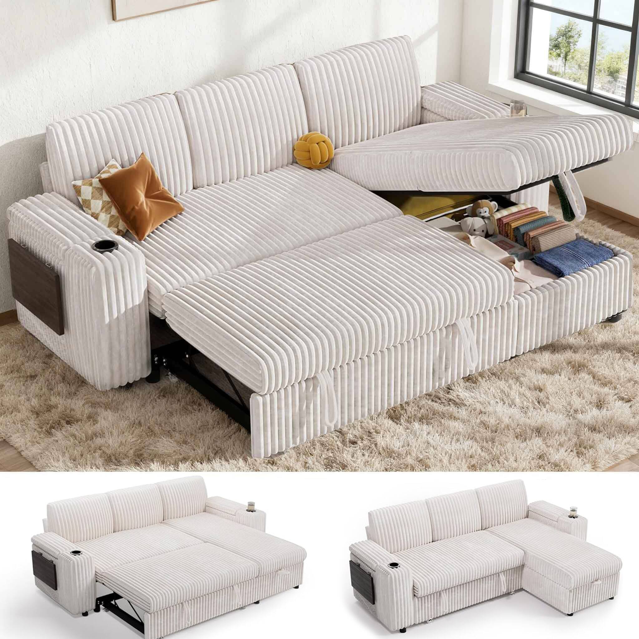Front. Dyonery - Dyonery 85" Modular Sectional Sleeper Sofa with Pull Out Bed, 3 Seat L Shaped with Reclining Backrest,Corduroy Beige - Beige.