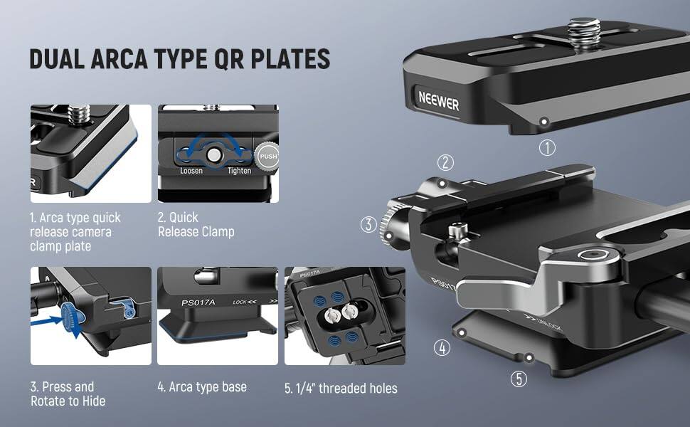 DUAL ARCA TYPE QR PLATES

1. Arca type quick release camera clamp plate
2. Quick Release Clamp
3. Press and Rotate to Hide
4. Arca type base
5. 1/4" threaded holes